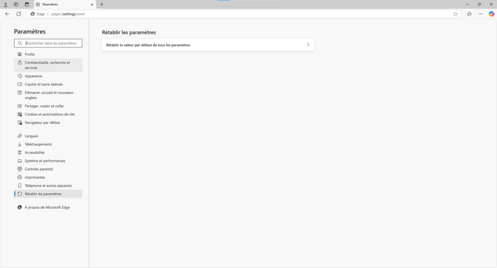 Une capture d'écran de la réinitialisation de Microsoft Edge à la page par défaut.
