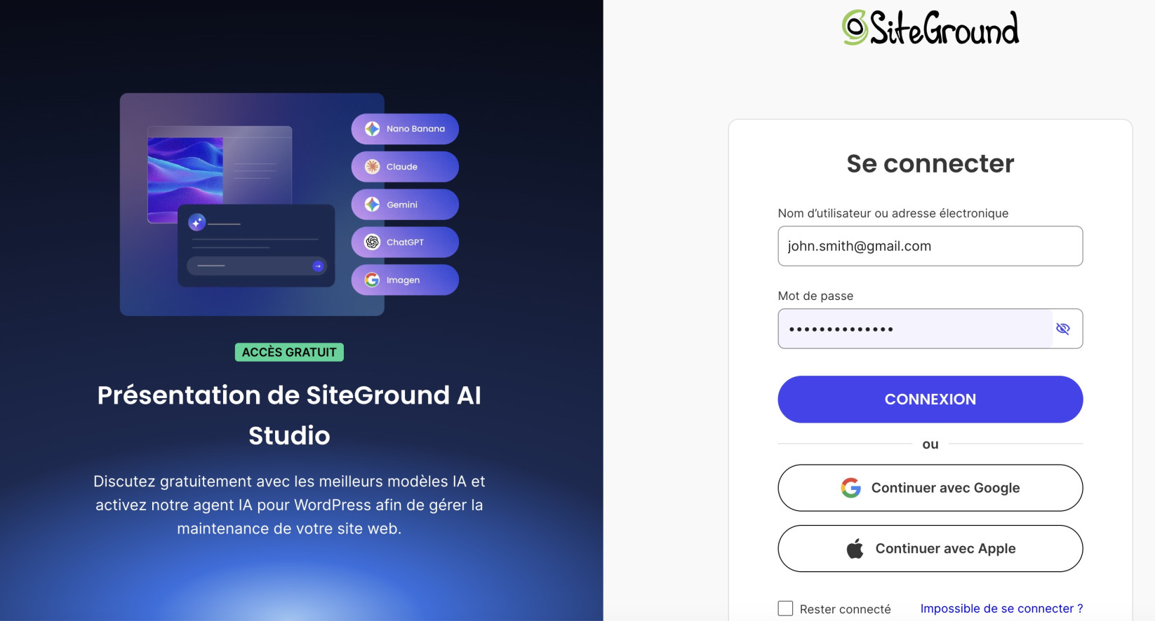 Sur SiteGround, le bouton « Se connecter avec Apple » se trouve sous le bouton « Se connecter avec Google ».