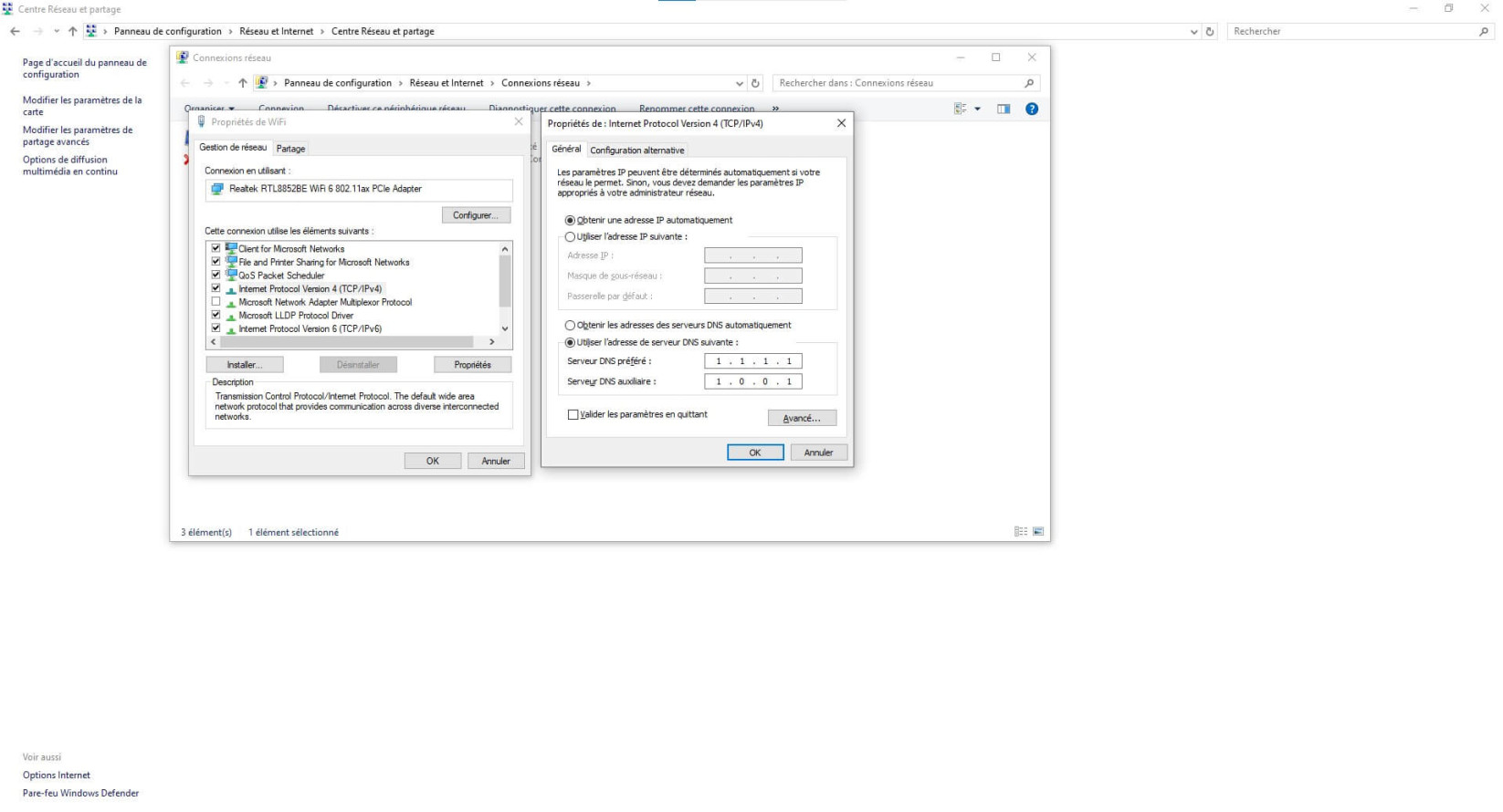 Une capture d'écran des propriétés du réseau Windows et l'option permettant de modifier les paramètres DNS d'un réseau.