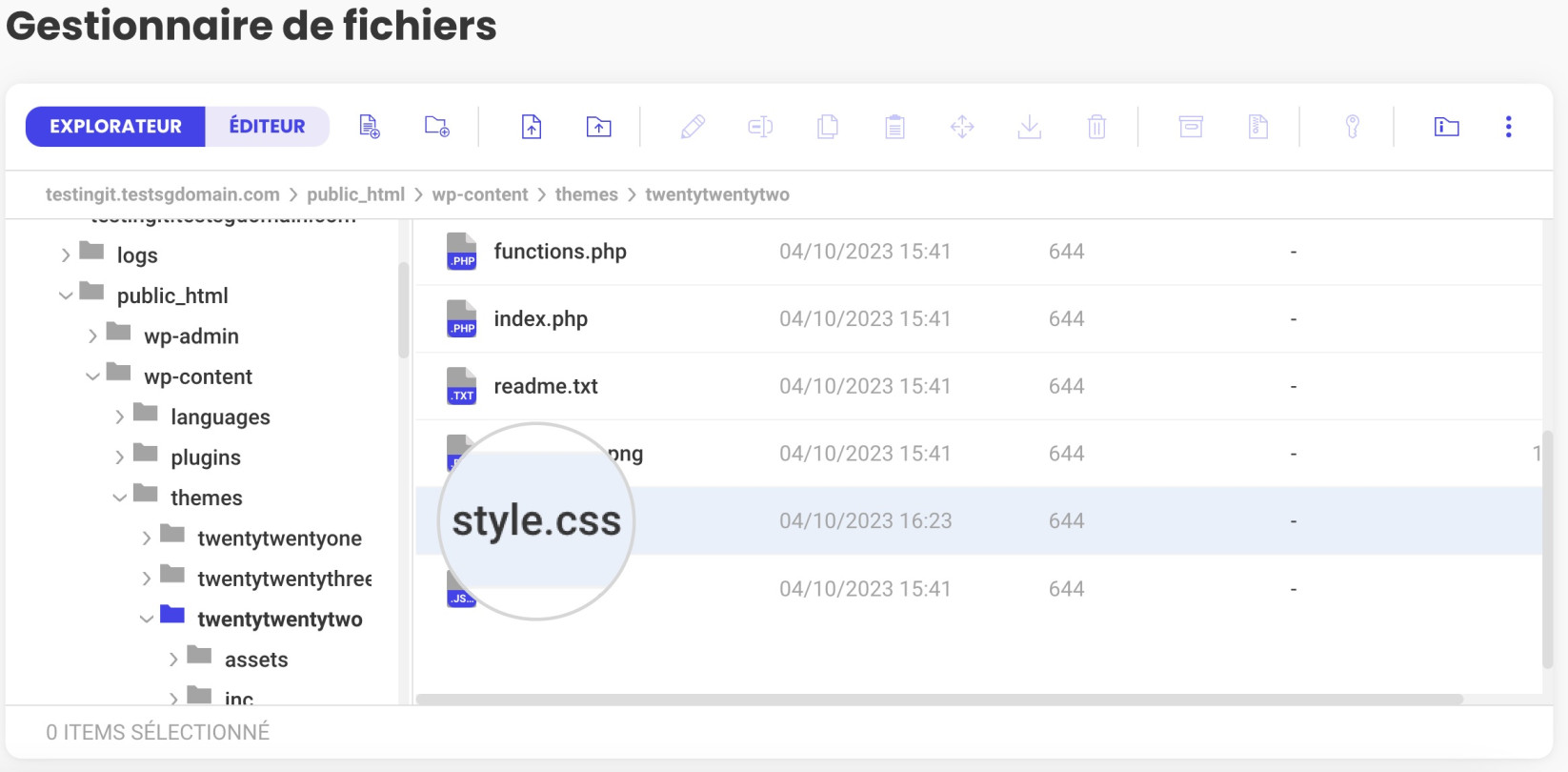 Capture d'écran montrant comment accéder au fichier style.css de votre thème via le gestionnaire de fichiers