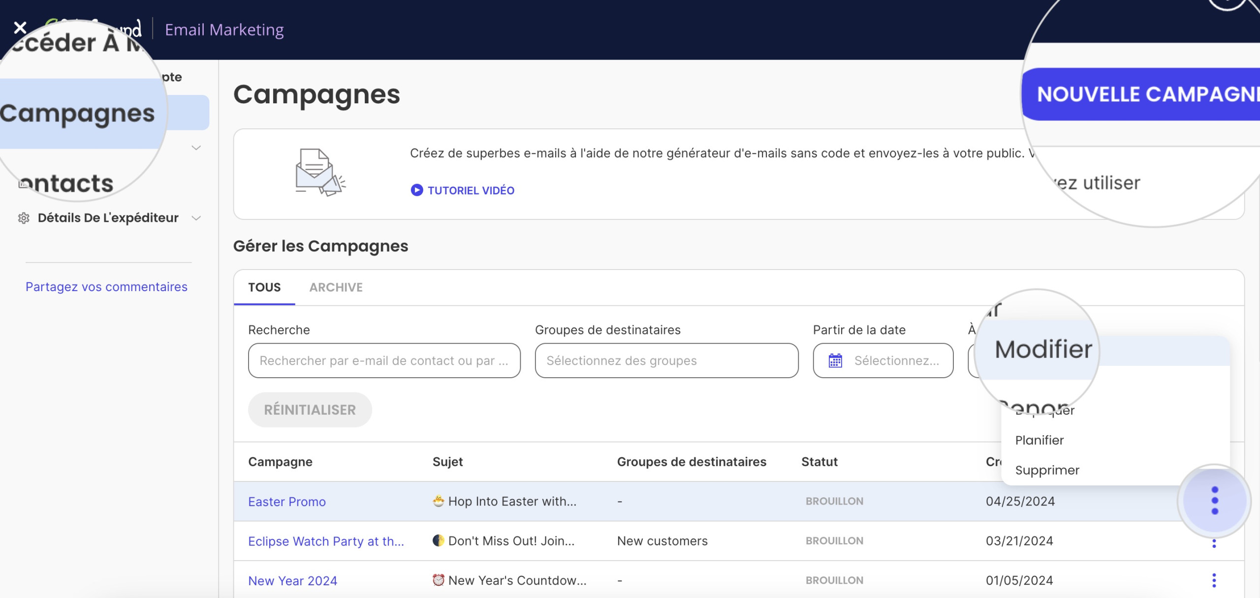 Capture d'écran montrant comment créer une nouvelle campagne ou modifier une campagne existante dans SiteGround Email Marketing