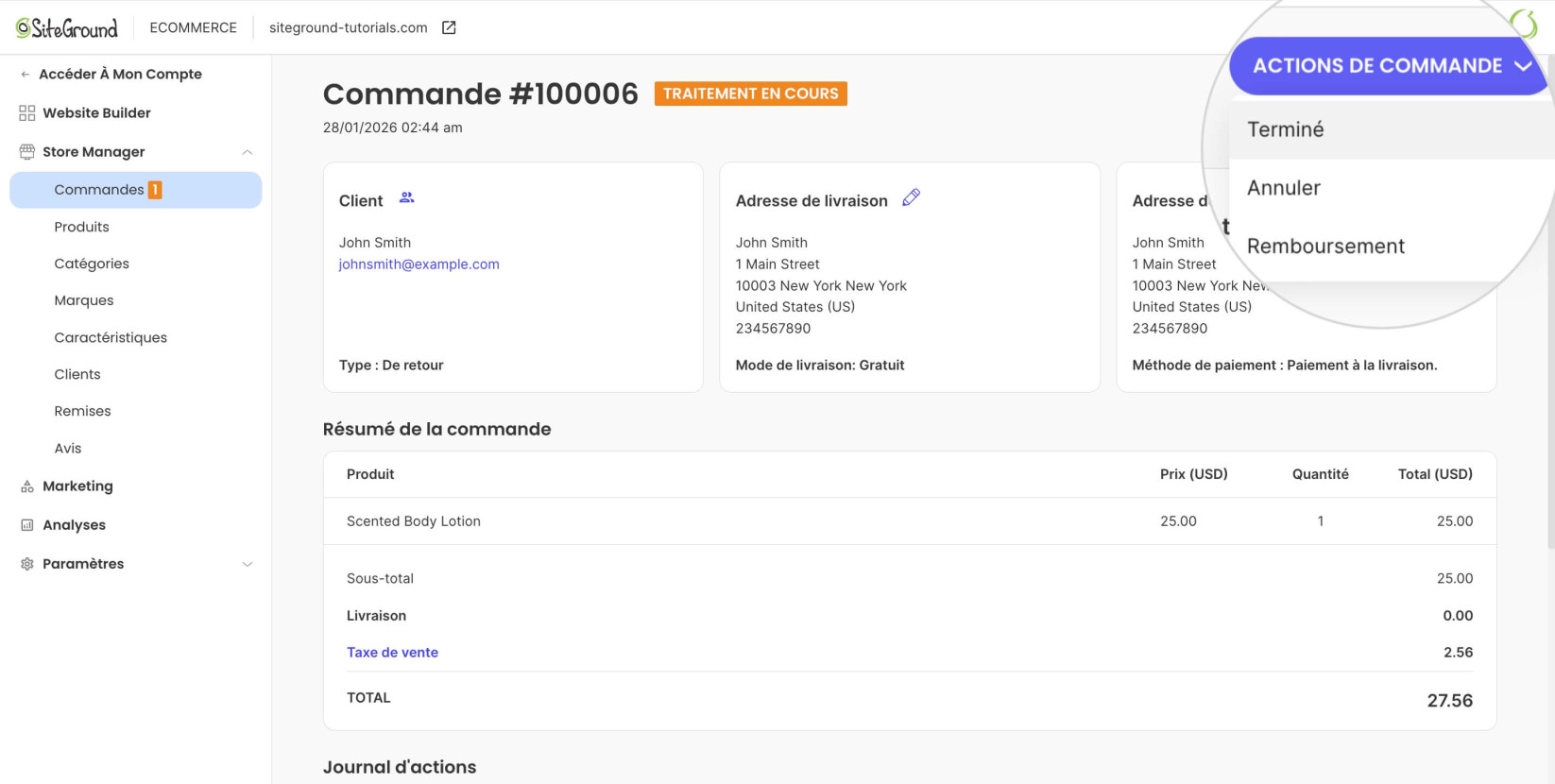 Menu des actions de commande dans SiteGround Ecommerce