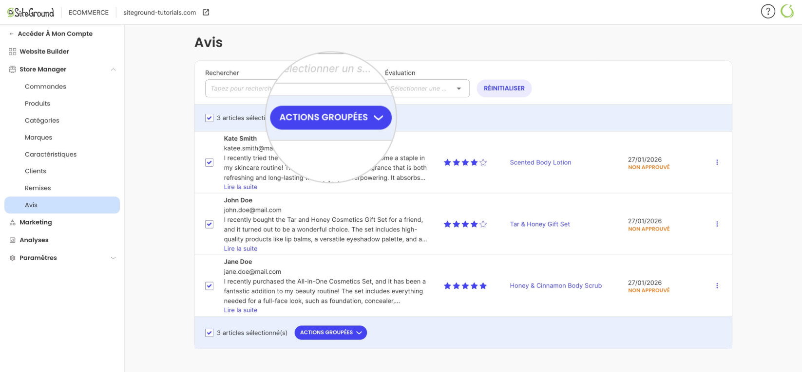 Bouton Actions groupées dans la gestion des avis 