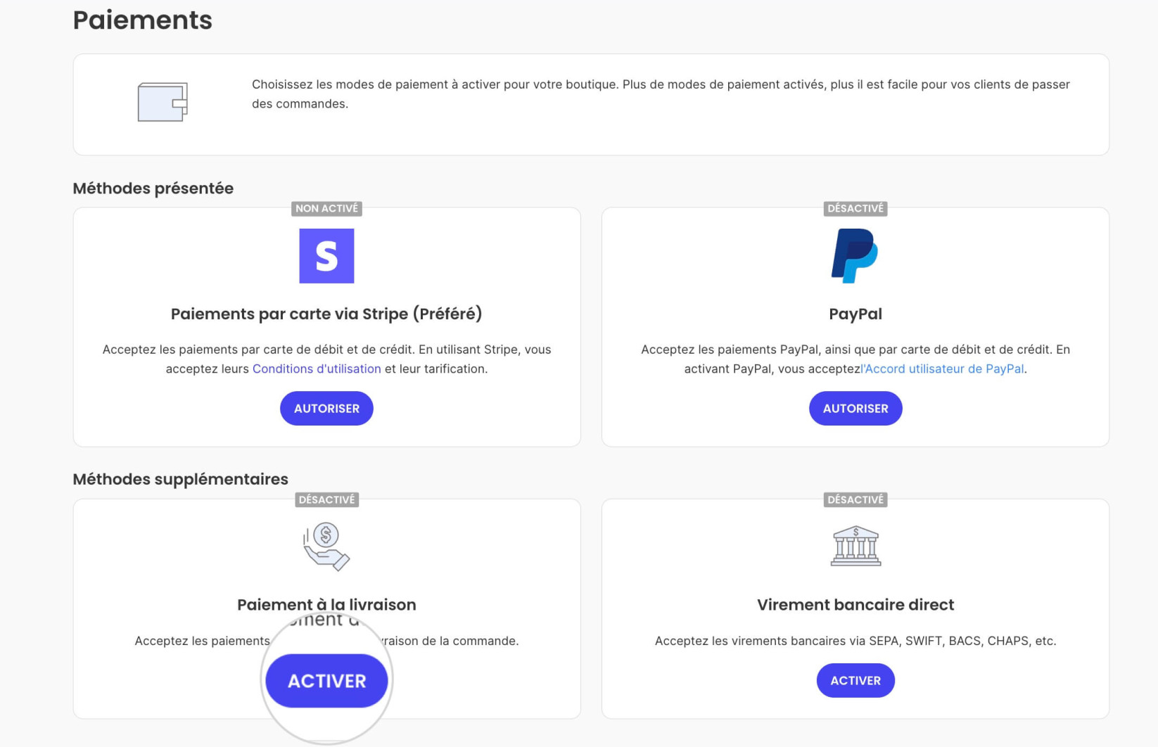 Bouton d'activation du paiement à l'arrivée dans SiteGround Ecommerce
