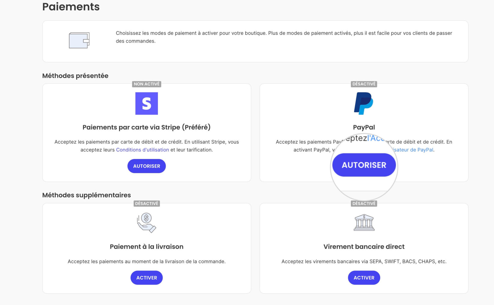Bouton Autoriser pour connecter PayPal à SiteGround Ecommerce