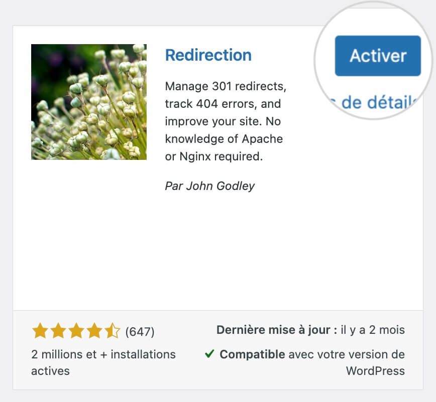 Activation du plugin Redirection
