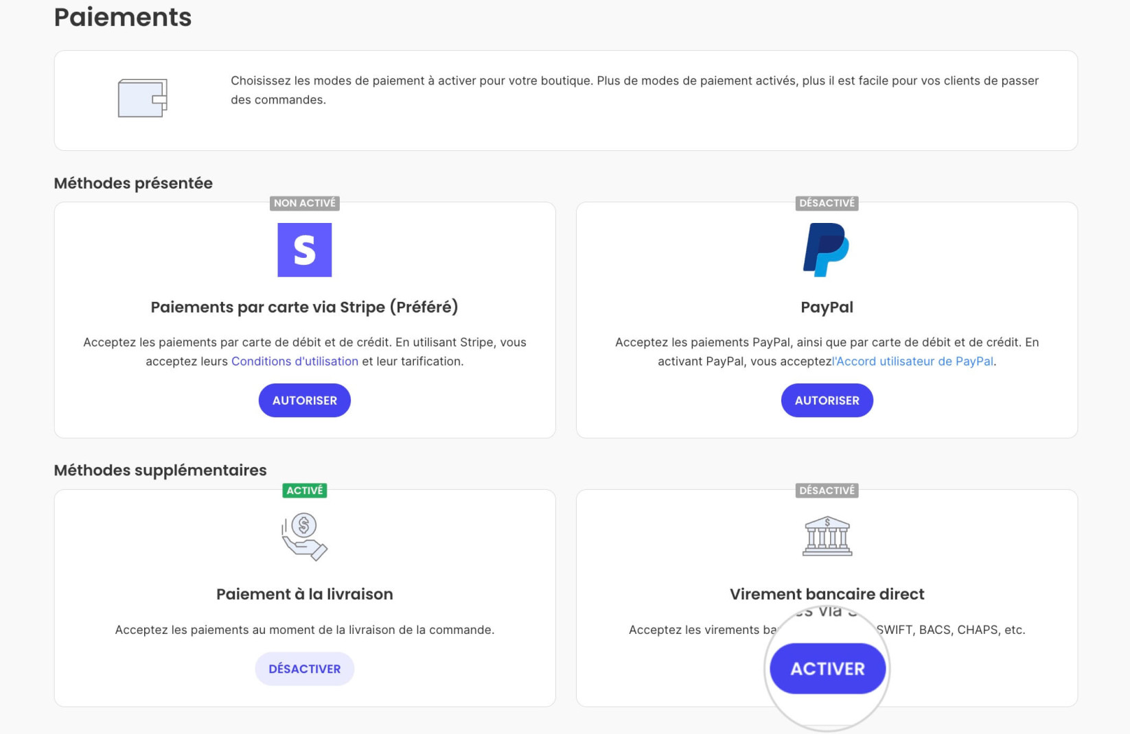Bouton d'activation du virement bancaire dans SiteGround Ecommerce