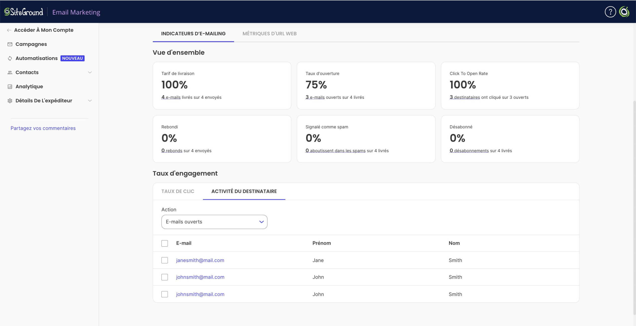 Activité du destinataire dans SiteGround Email Marketing 