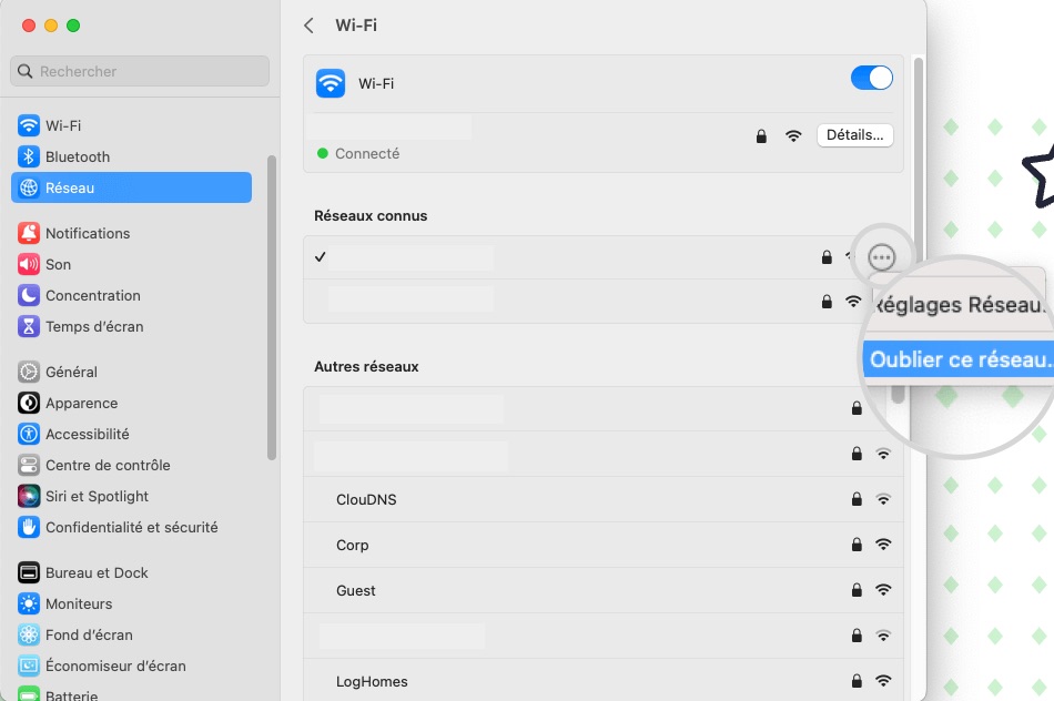 Capture d'écran montrant comment actualiser les paramètres réseau Mac
