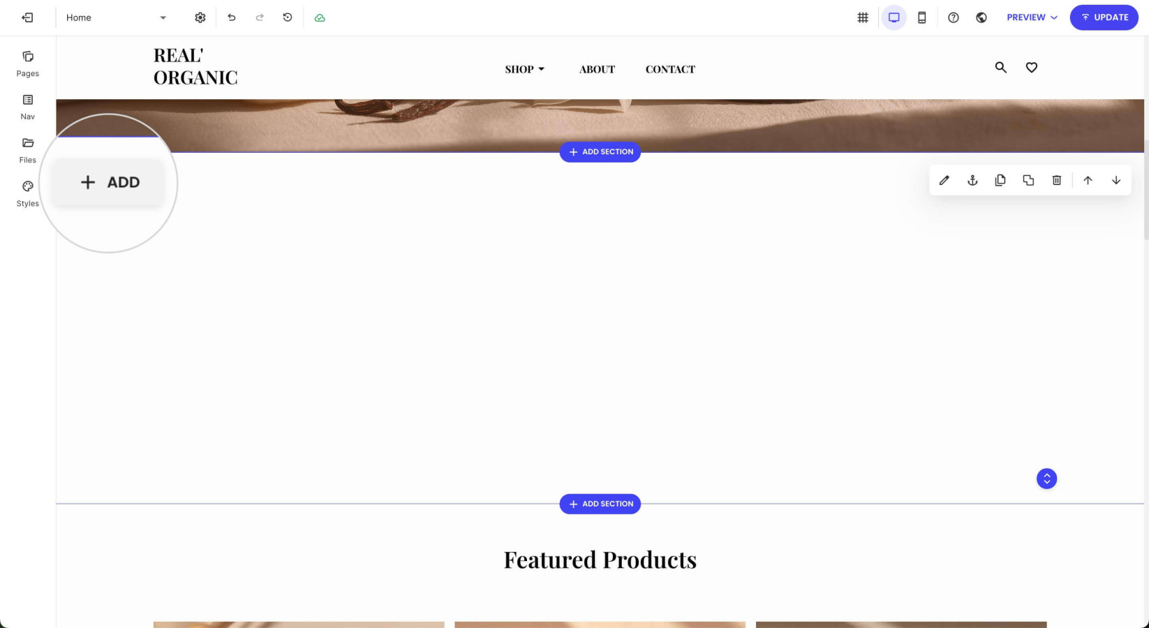 A selected section in Ecommerce website builder that displays the Add button for adding a component to the section