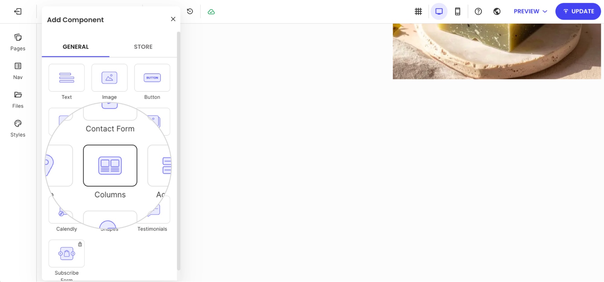 Add Component panel with Columns component highlighted in SiteGround Website Builder