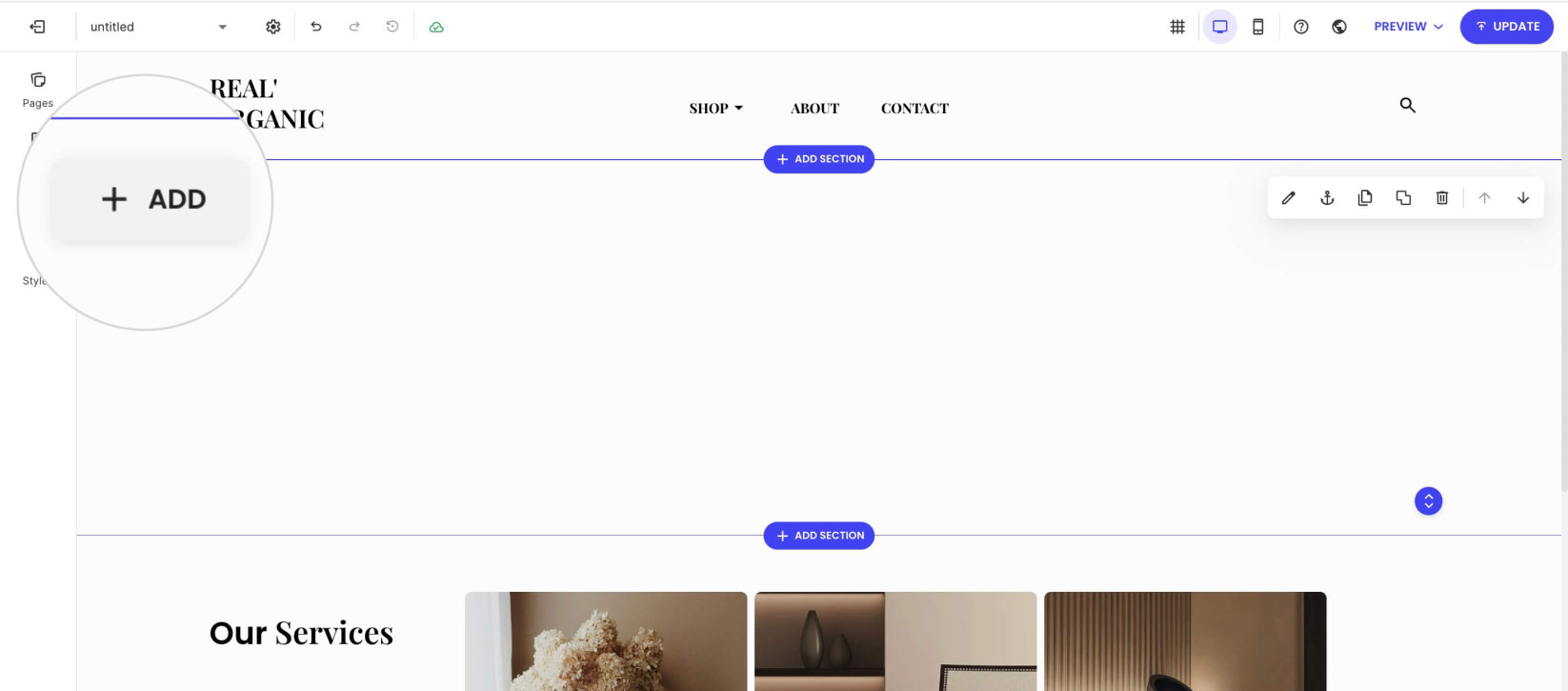 A selected page section in Website Builder with a highlighted Add button in the top-left corner for adding a component