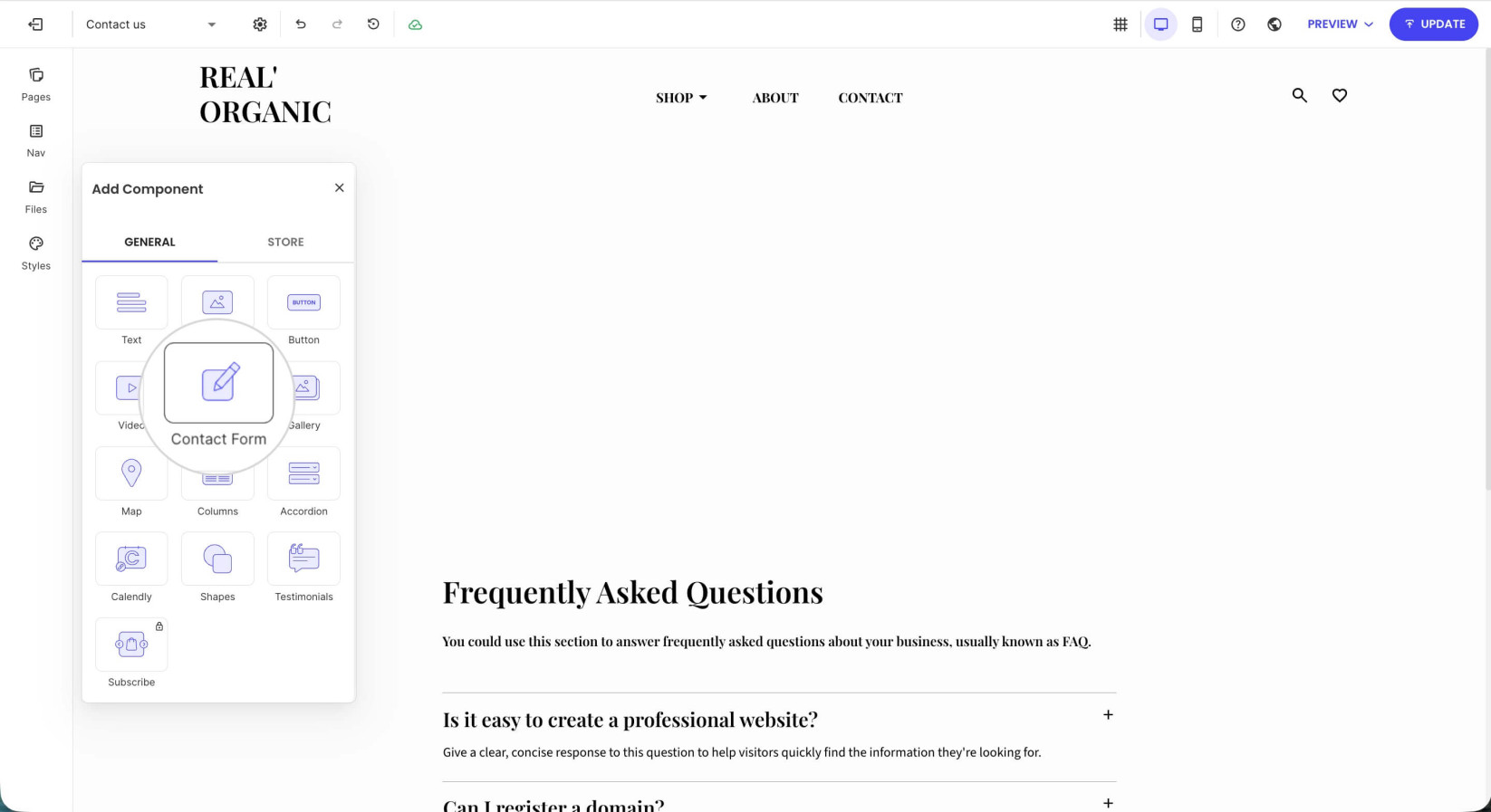 Add Component window where a Contact Form component is selected