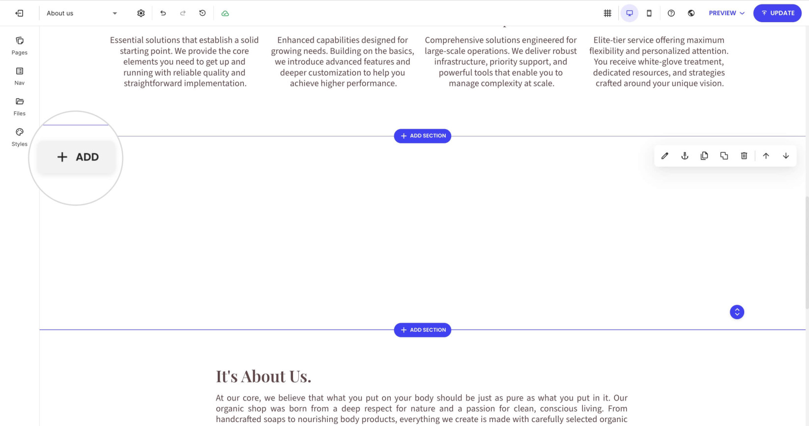 Selected section in Website Builder with highlighted Add button for adding a component