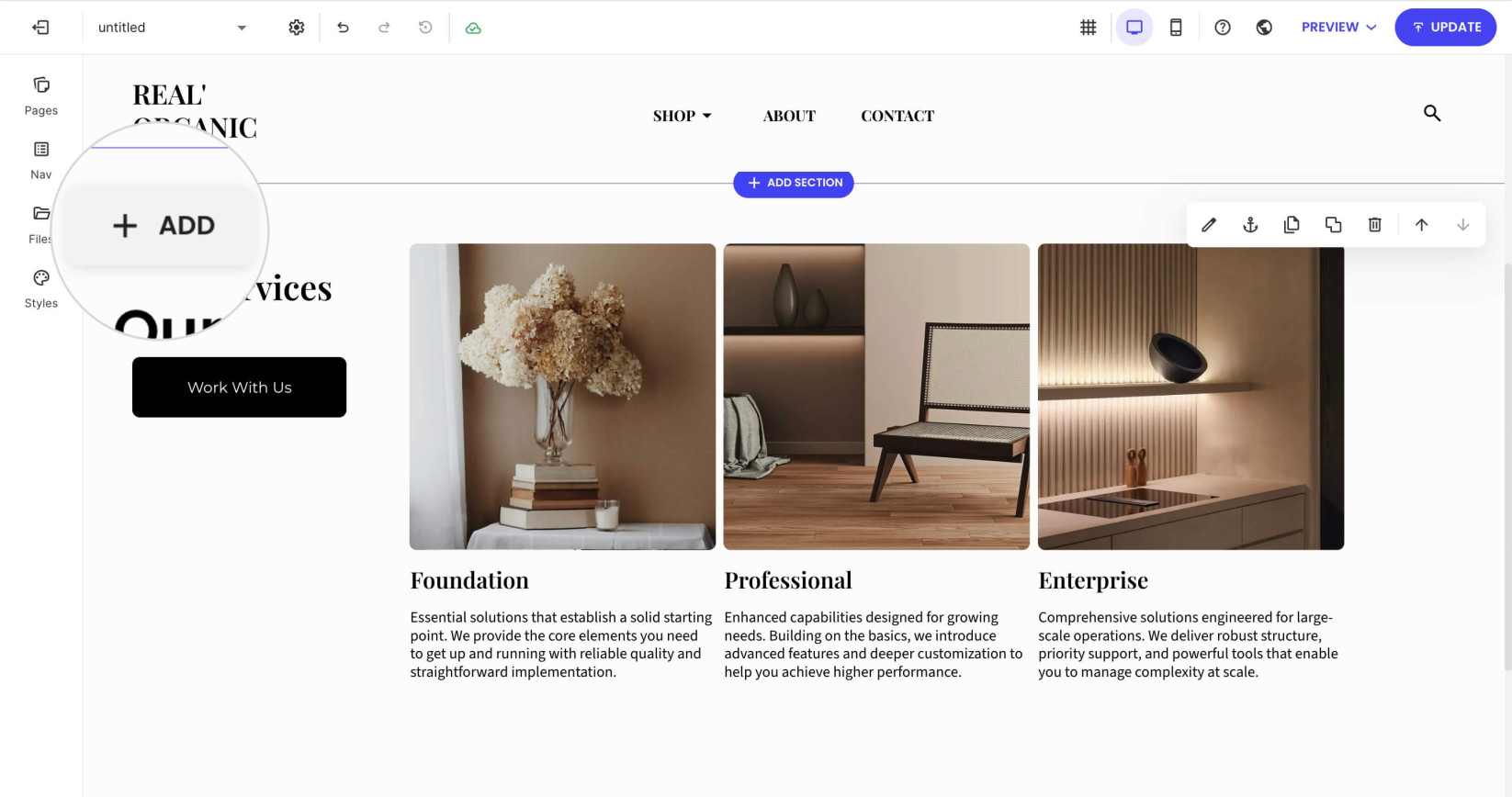 An Add button in a page section in Website Builder that allows you to add components to the section