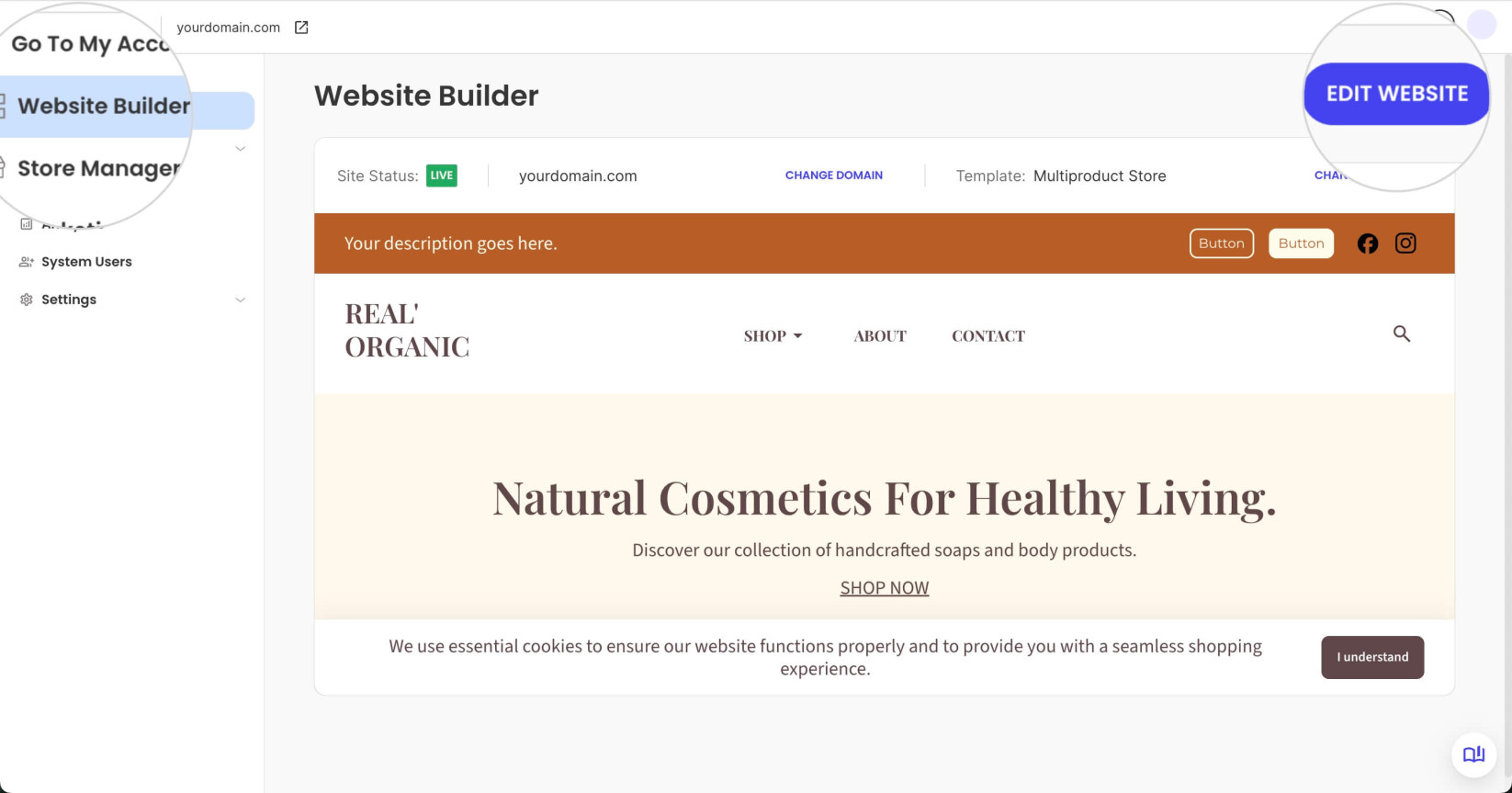 Edit Website button in Site Admin for accessing the Website Builder editor