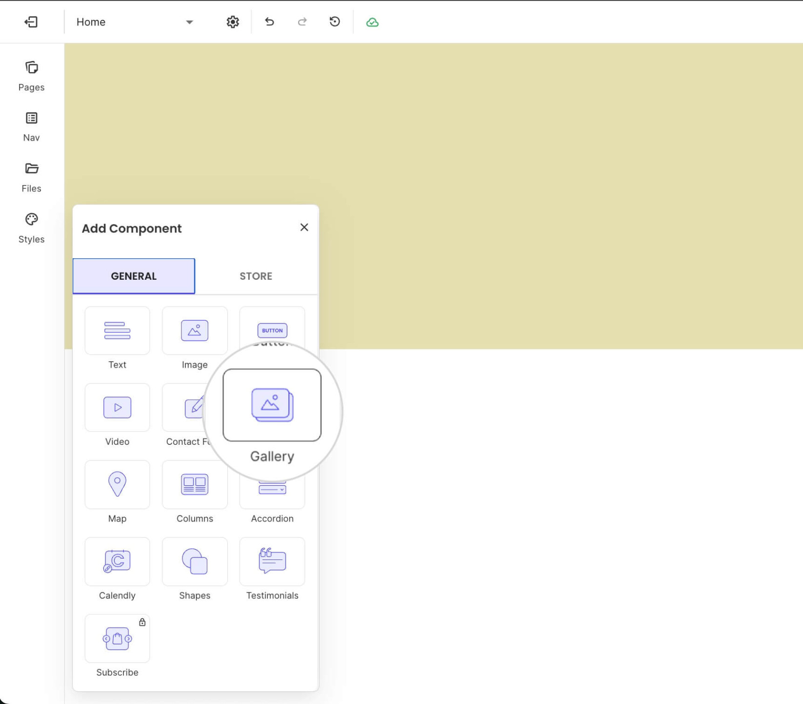 Add Component menu with a highlighted Gallery component for adding a photo gallery to a section