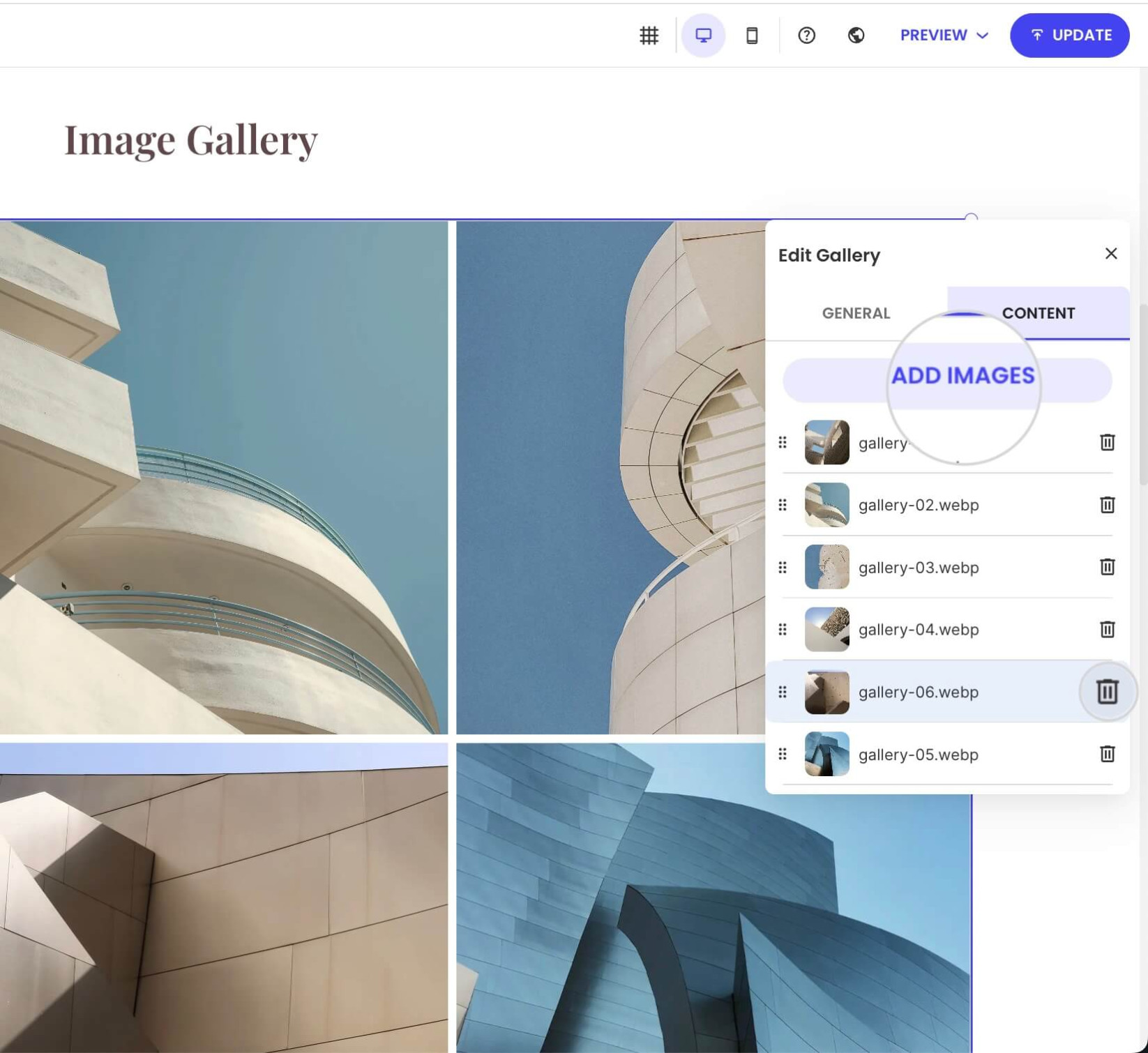 Image gallery settings with the options to add new images, replace or delete the exisiting gallery images