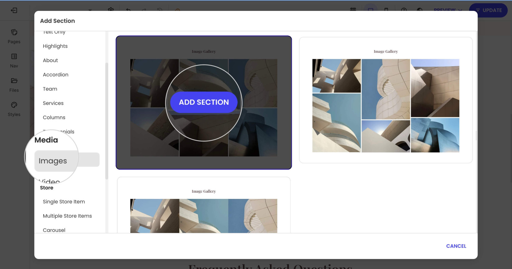 Add Section window with a highlighted Images category and an Add Section button for selecting a gallery template