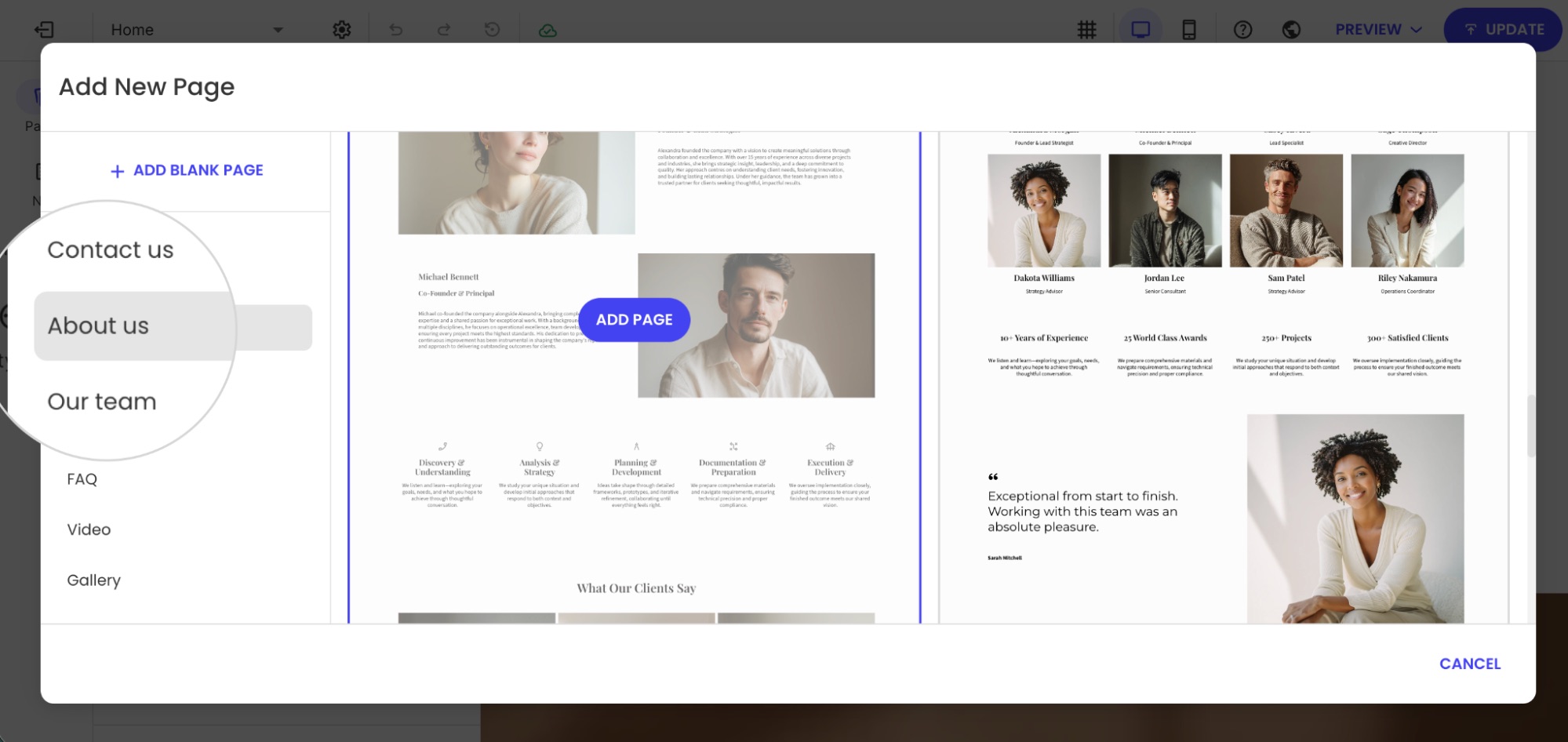 Add New Page window in a website builder with the About Us page template selected.