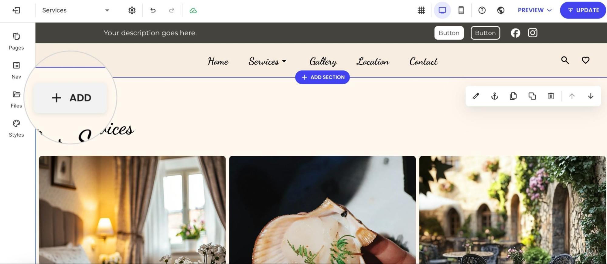 Interface of the Services page editor with the Add Section button highlighted.