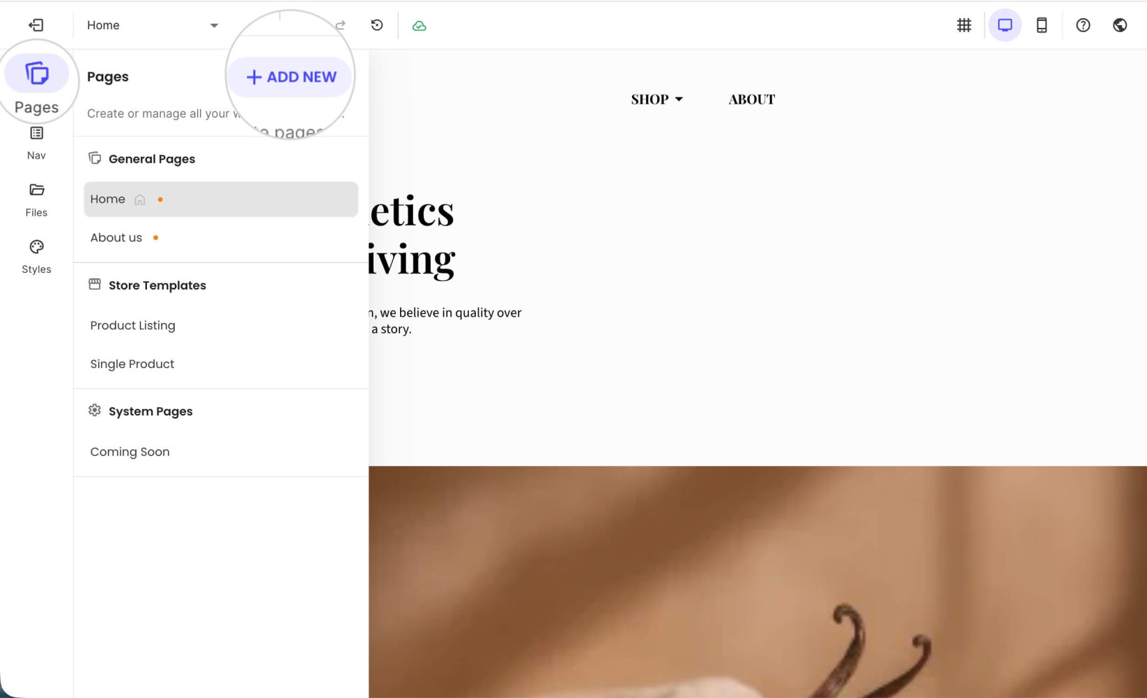 Pages section in Website Builder with a highlighted Add New button for creating a Contact us page