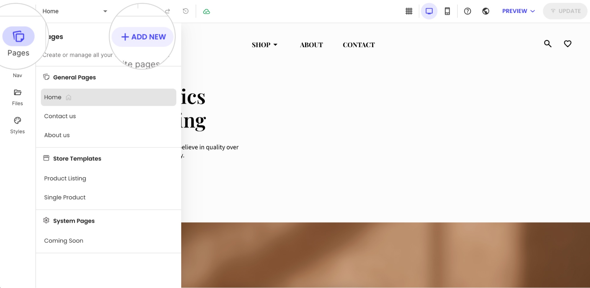 Pages panel in website builder with “Add New” button highlighted to create a new page.
