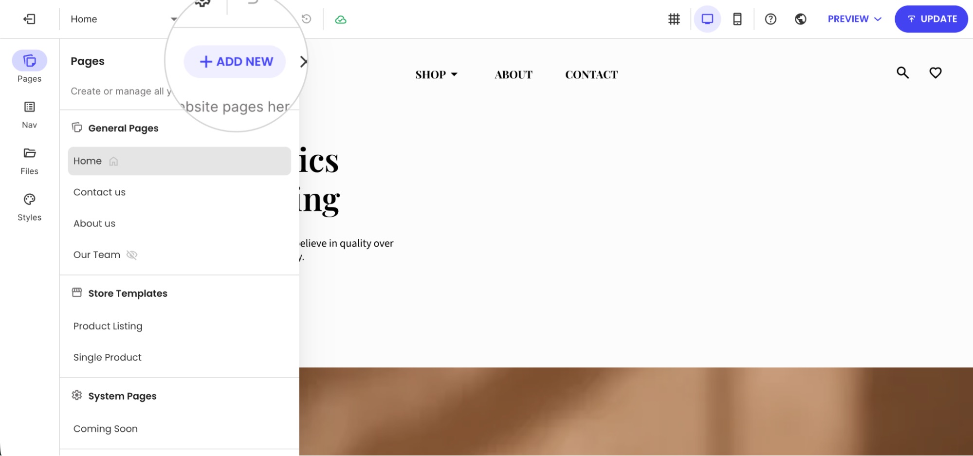 Pages panel in a website builder with the Add New button highlighted to create a new page.