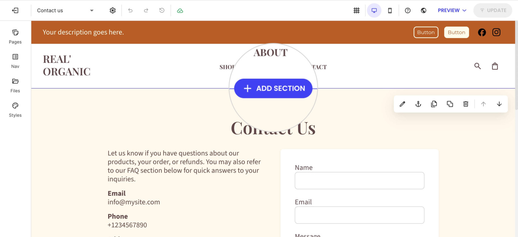 Selected page section in Website Builder and a highlighted Add Section button for creating a new section