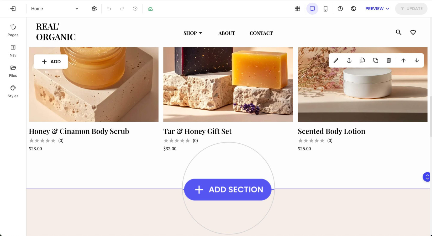 A page in Website Builder displaying the Add Section button for adding a new section