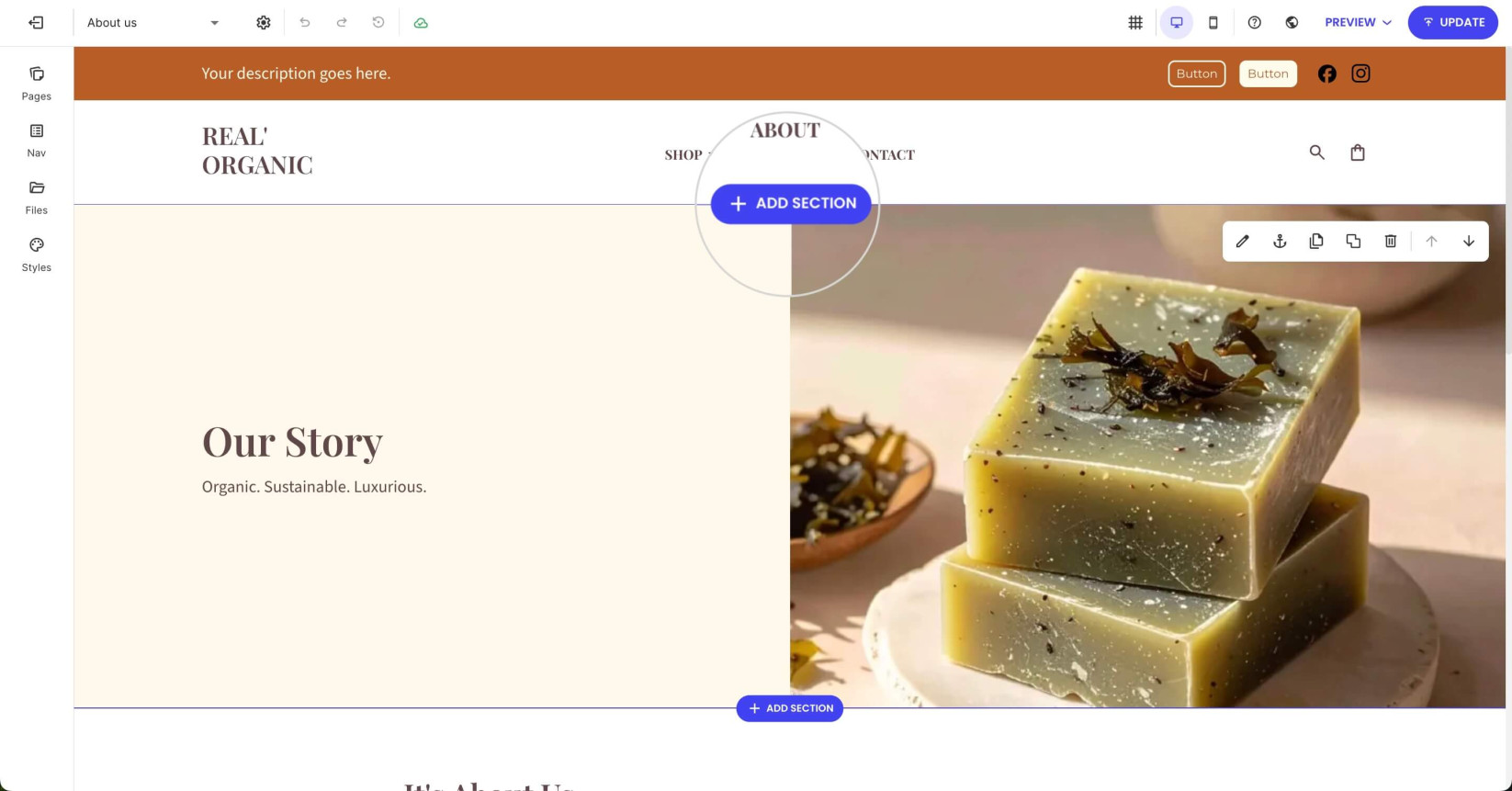 A page in Website Builder displaying the Add Section button for adding a section