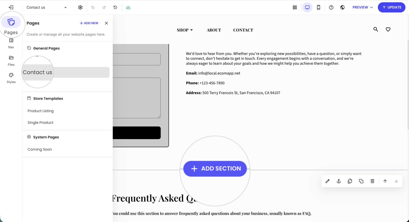 Pages section in Website Builder with a selected page displaying the Add Section button 