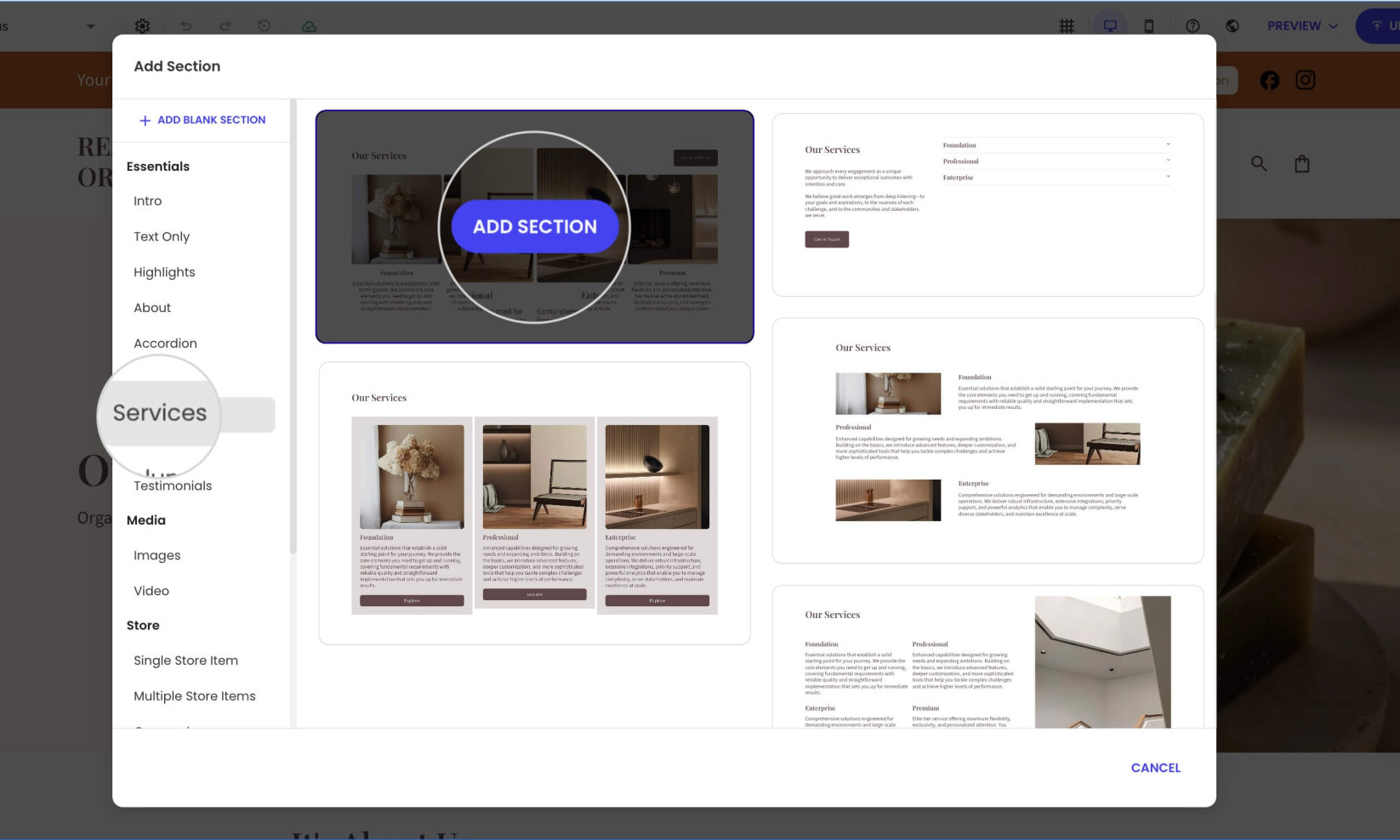 A pop-up window for adding a section with highlighted Services category and Add Section button for choosing a section layout