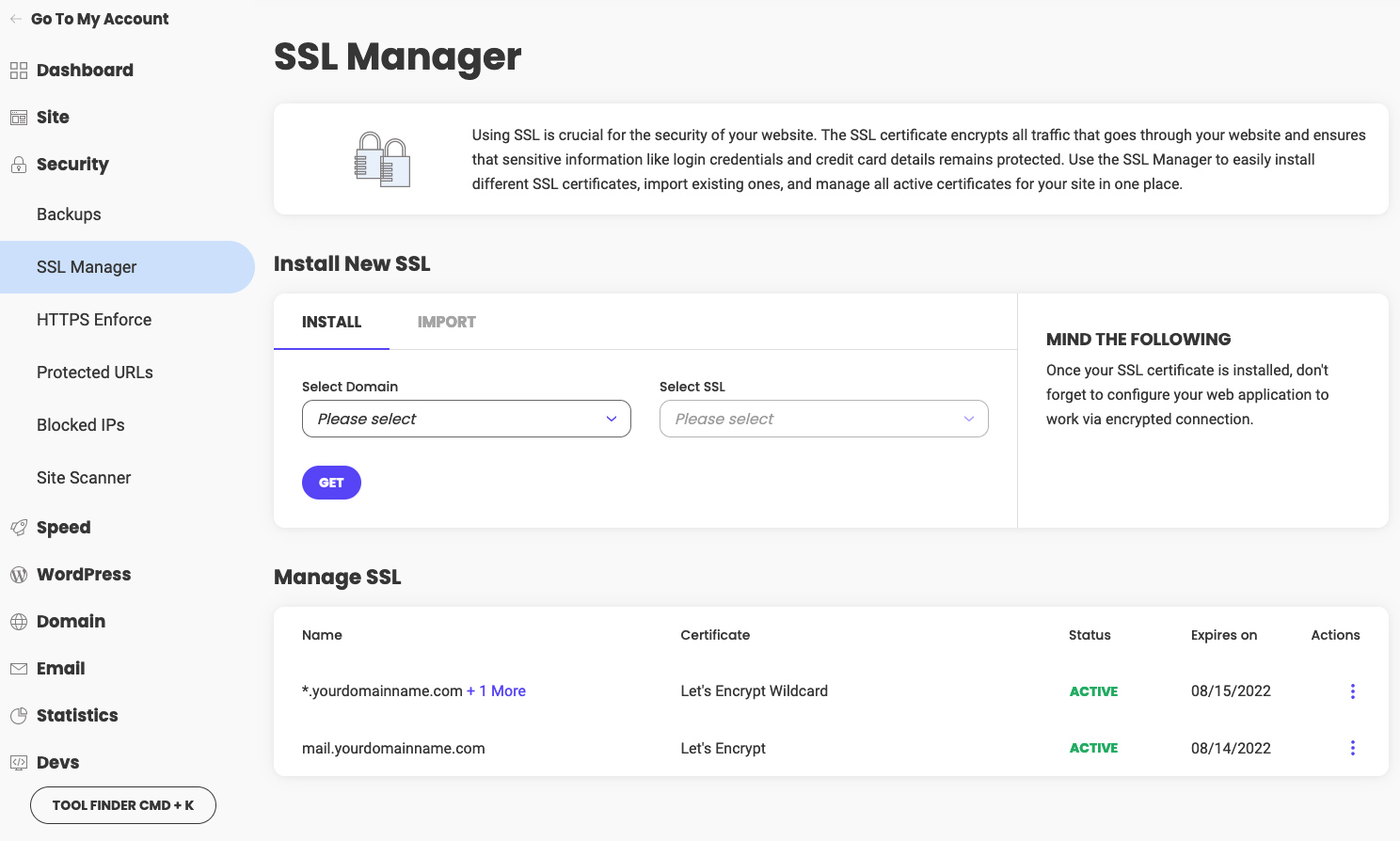 Capture d'écran du gestionnaire SSL dans les outils du site 