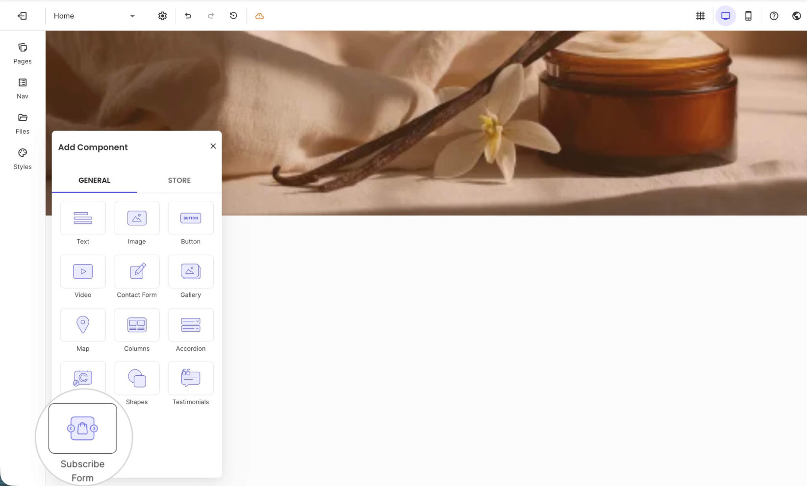 Add Component menu with a selected Subscribe Form component