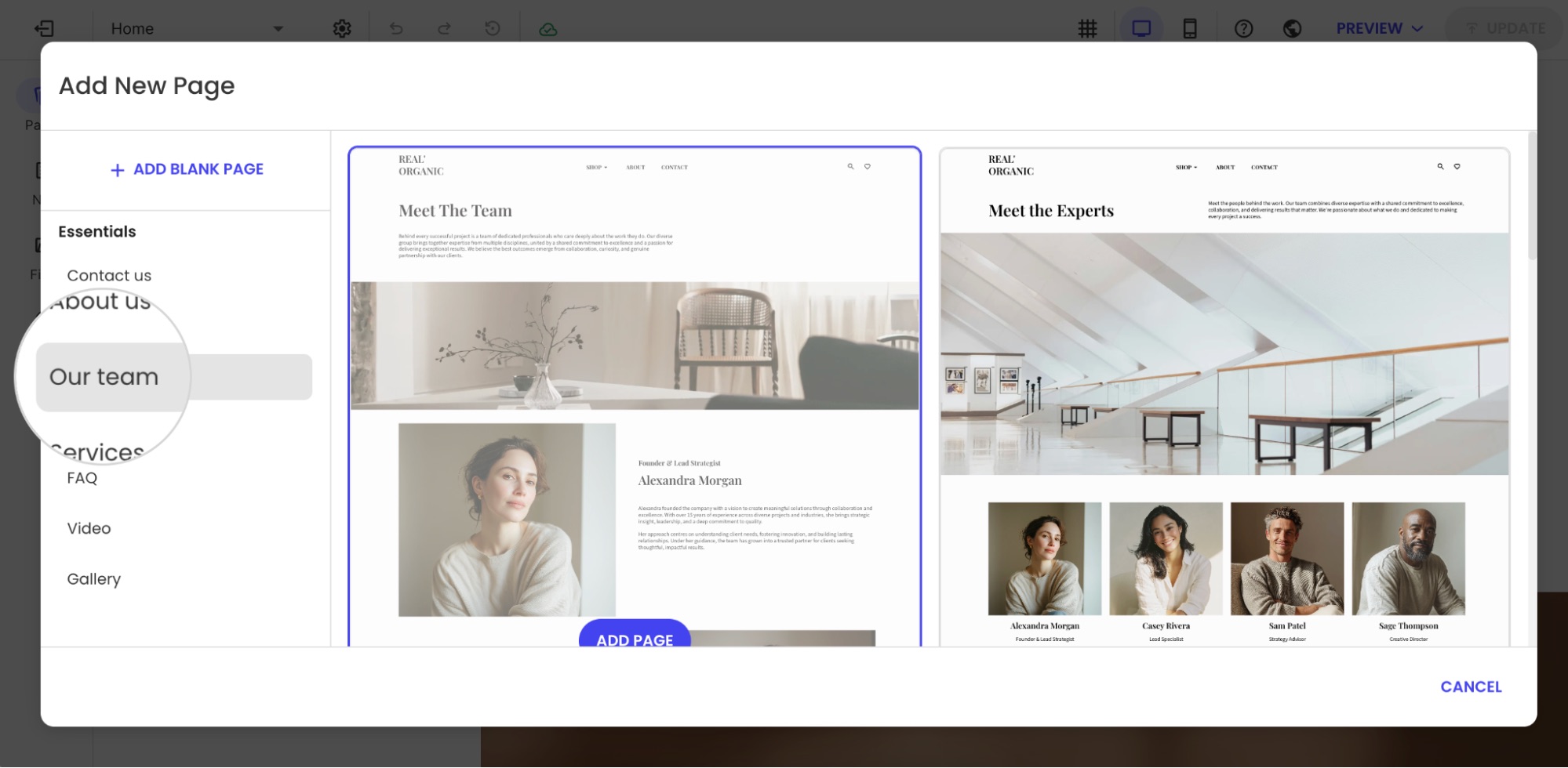 “Add New Page” modal showing template options with “Our team” page selected.