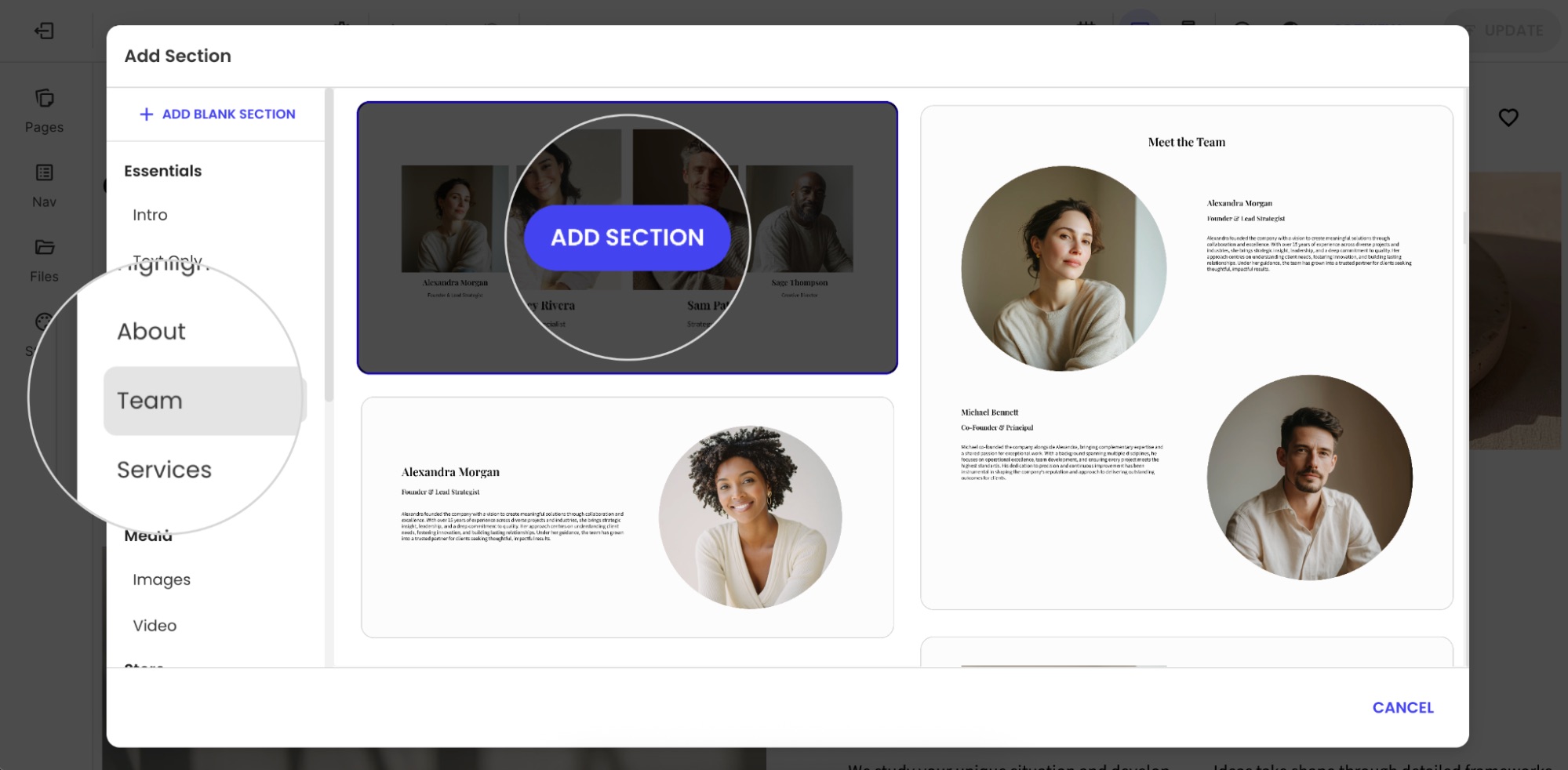 “Add Section” panel highlighting the Team section template with preview and add button.