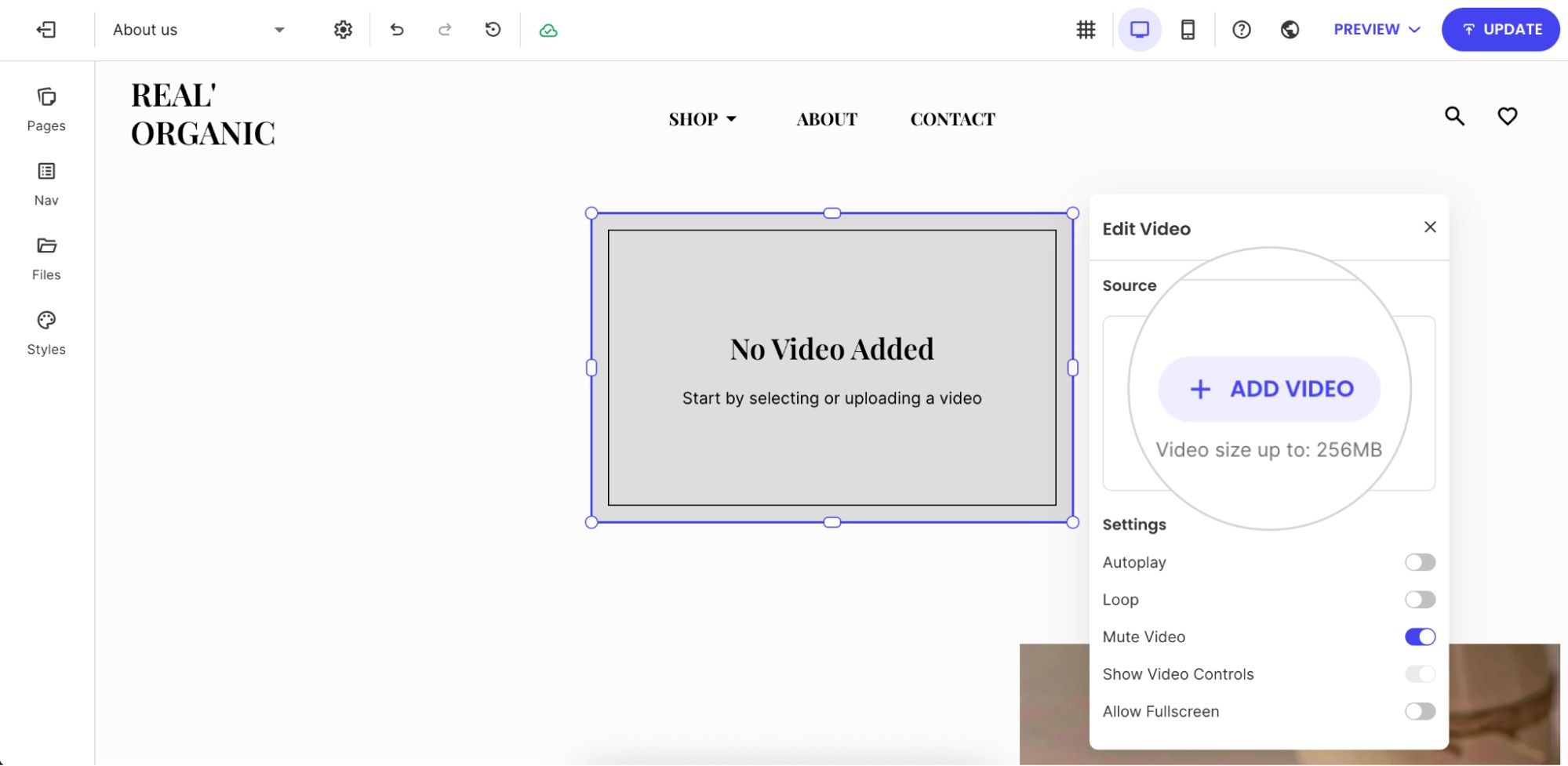Video component settings panel showing the Add Video button and upload limit, used to select or upload a video source