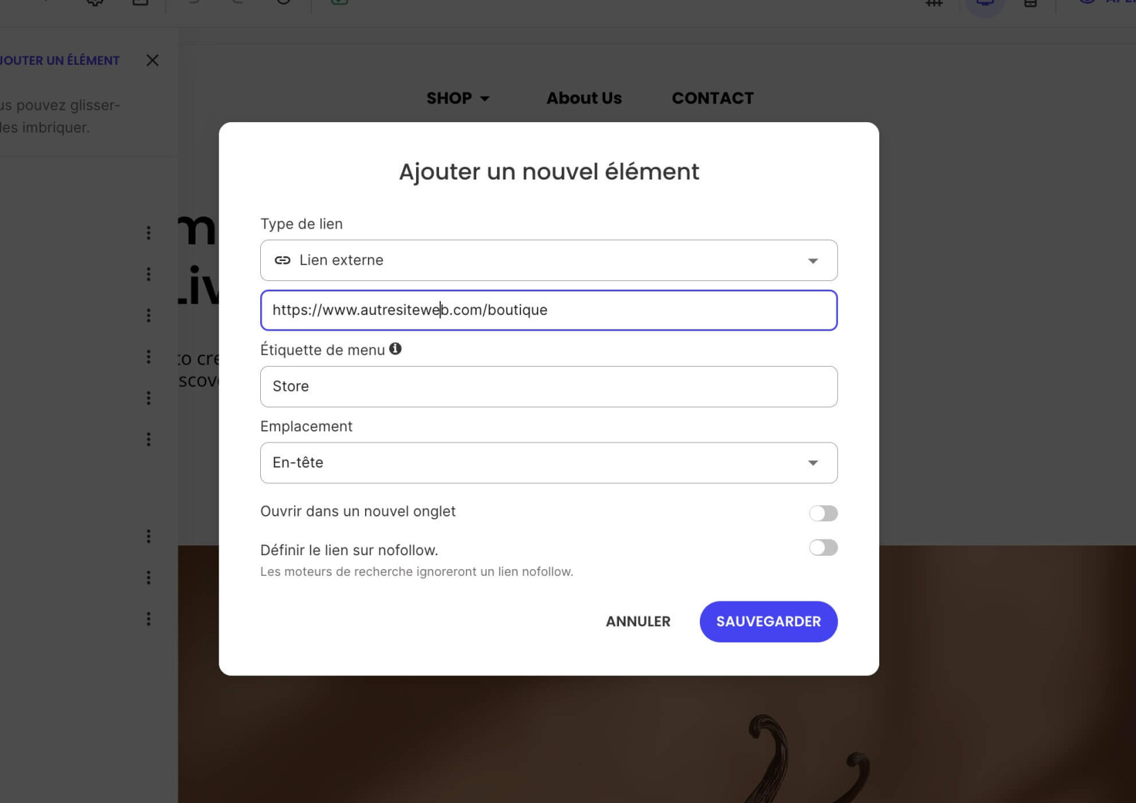 Une fenêtre contextuelle pour ajouter des éléments de menu où Lien externe est sélectionné et l'adresse du lien ainsi que le Libellé du menu sont définis
