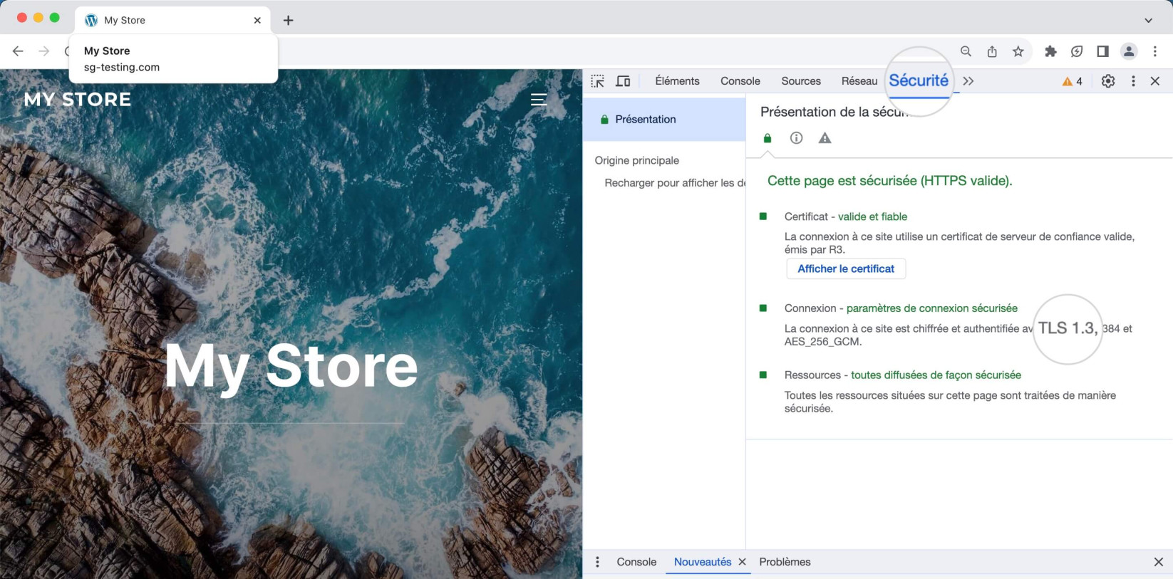 Ouvrez l’onglet Sécurité dans les outils de développement de Chrome pour afficher la version de TLS