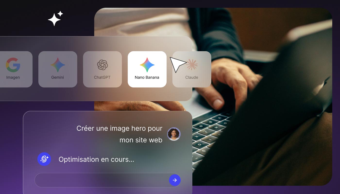 Sélecteur de modèles de SiteGround AI Studio (ChatGPT, Gemini, Claude) générant une image hero de site web à partir d’un prompt de chat