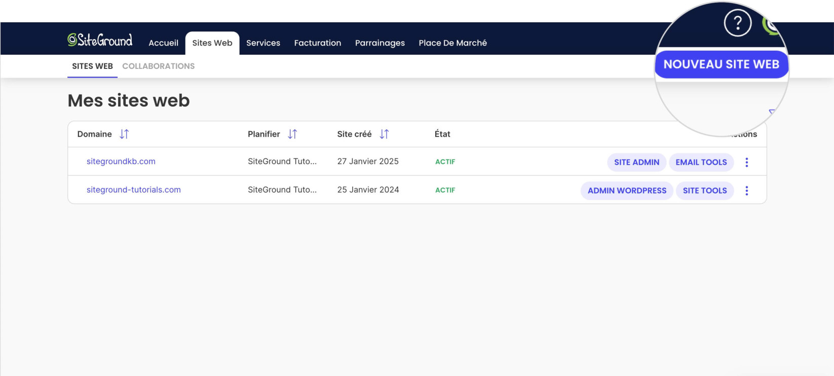 Ajout d'un nouveau site web à un plan d'hébergement