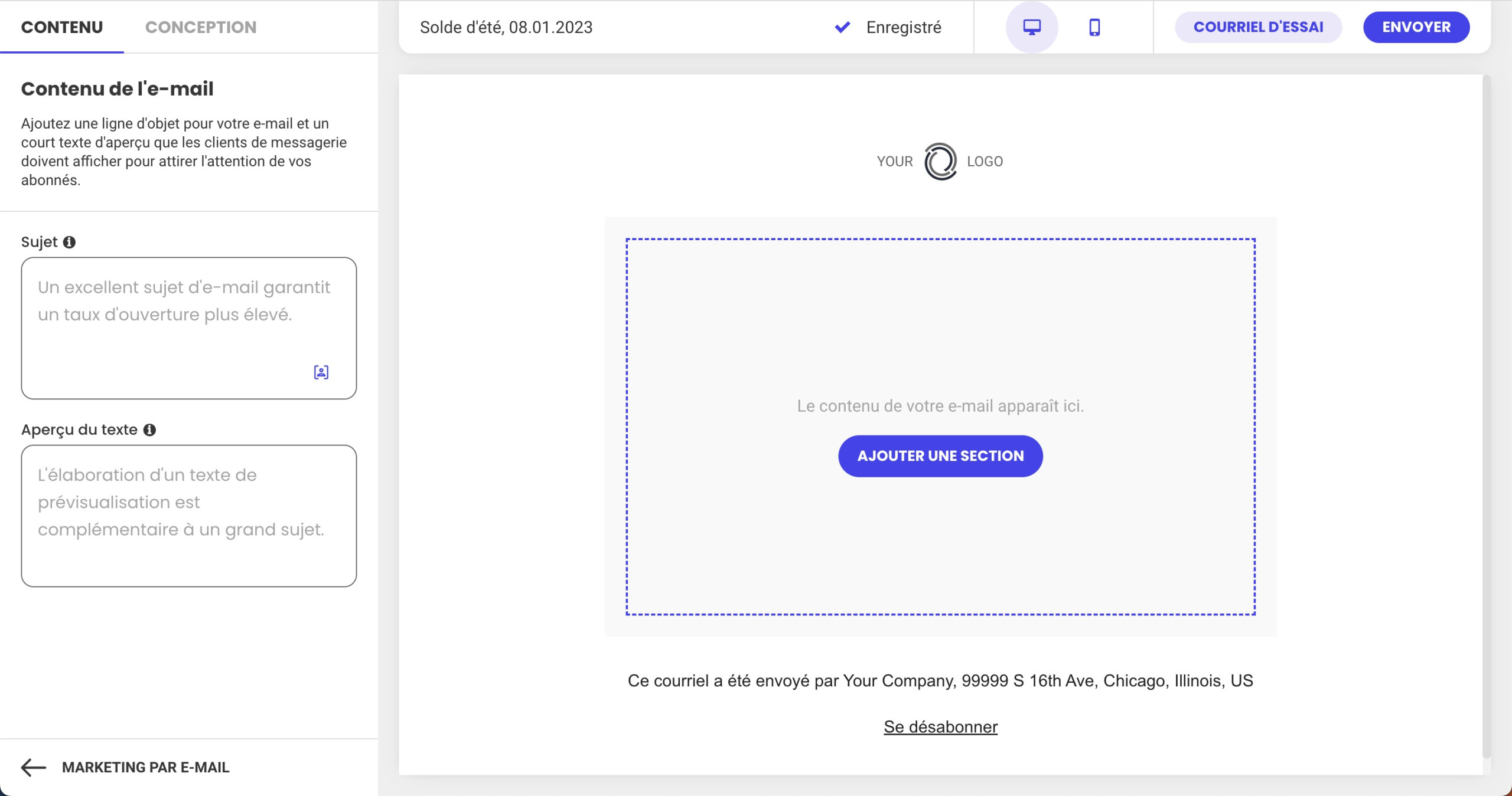 Comment ajouter des sections à un corps d'email vide