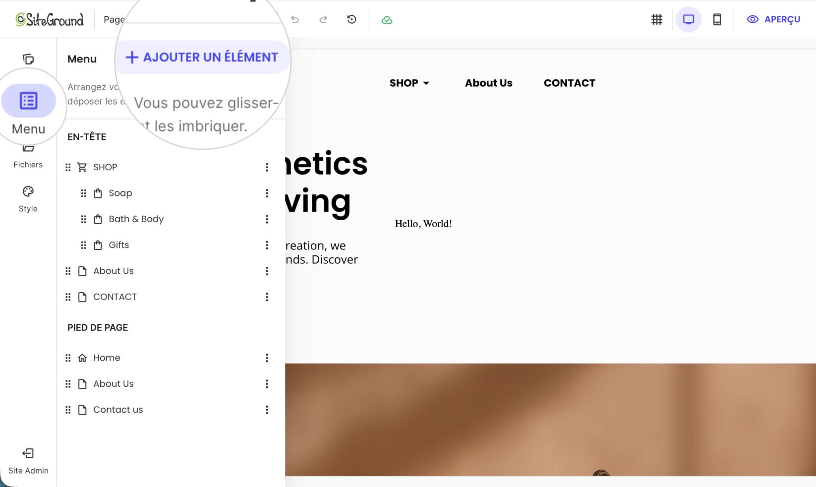 Boton Ajouter un élément pour ajouter un élément de menu dans l'onglet Menus de Website Builder