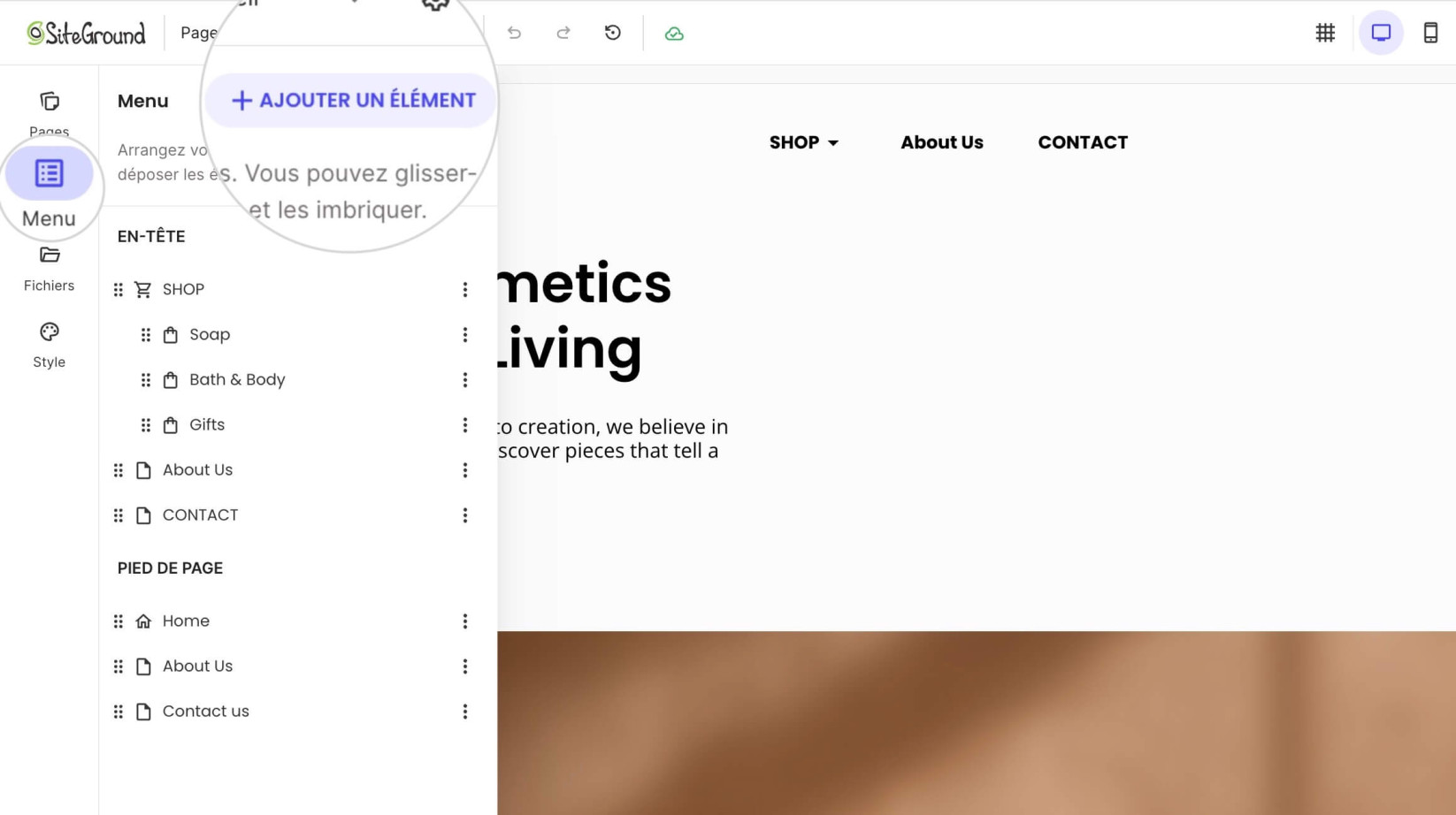 Onglet Menus dans Website Builder où vous pouvez ajouter un libellé aux menus