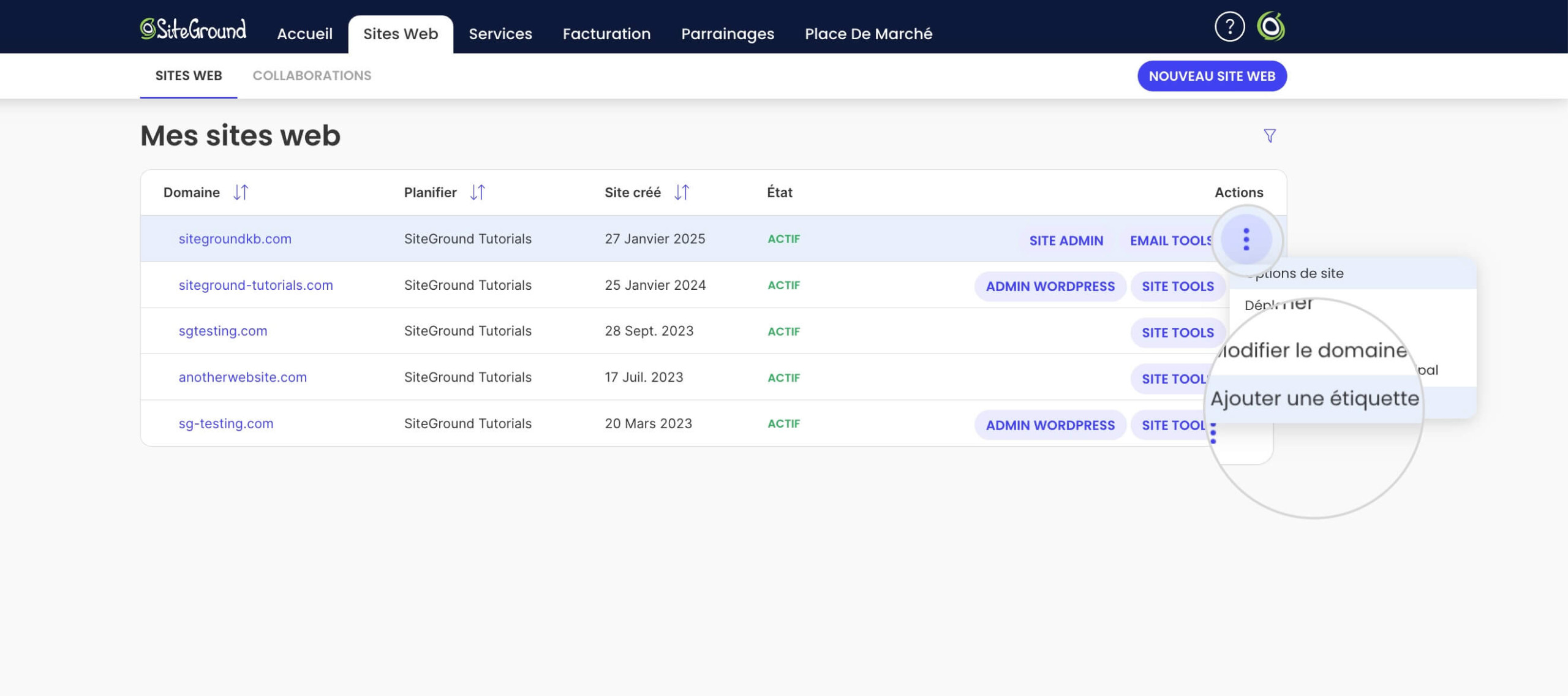 Comment ajouter une étiquette à un site web dans l'Espace Client SiteGround 