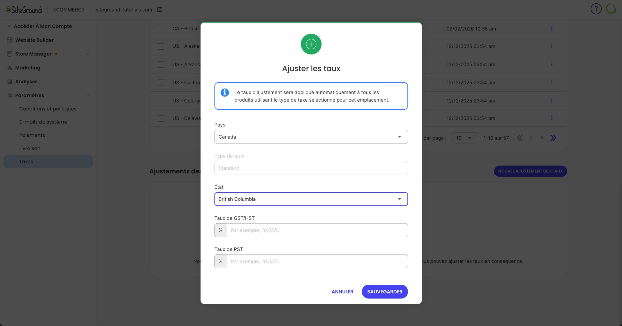 Capture d'écran de la configuration d'un ajustement des taux dans SiteGround Ecommerce pour le Canada. Le formulaire affiche des options pour sélectionner des provinces, des codes postaux et appliquer des taux d'imposition personnalisés.