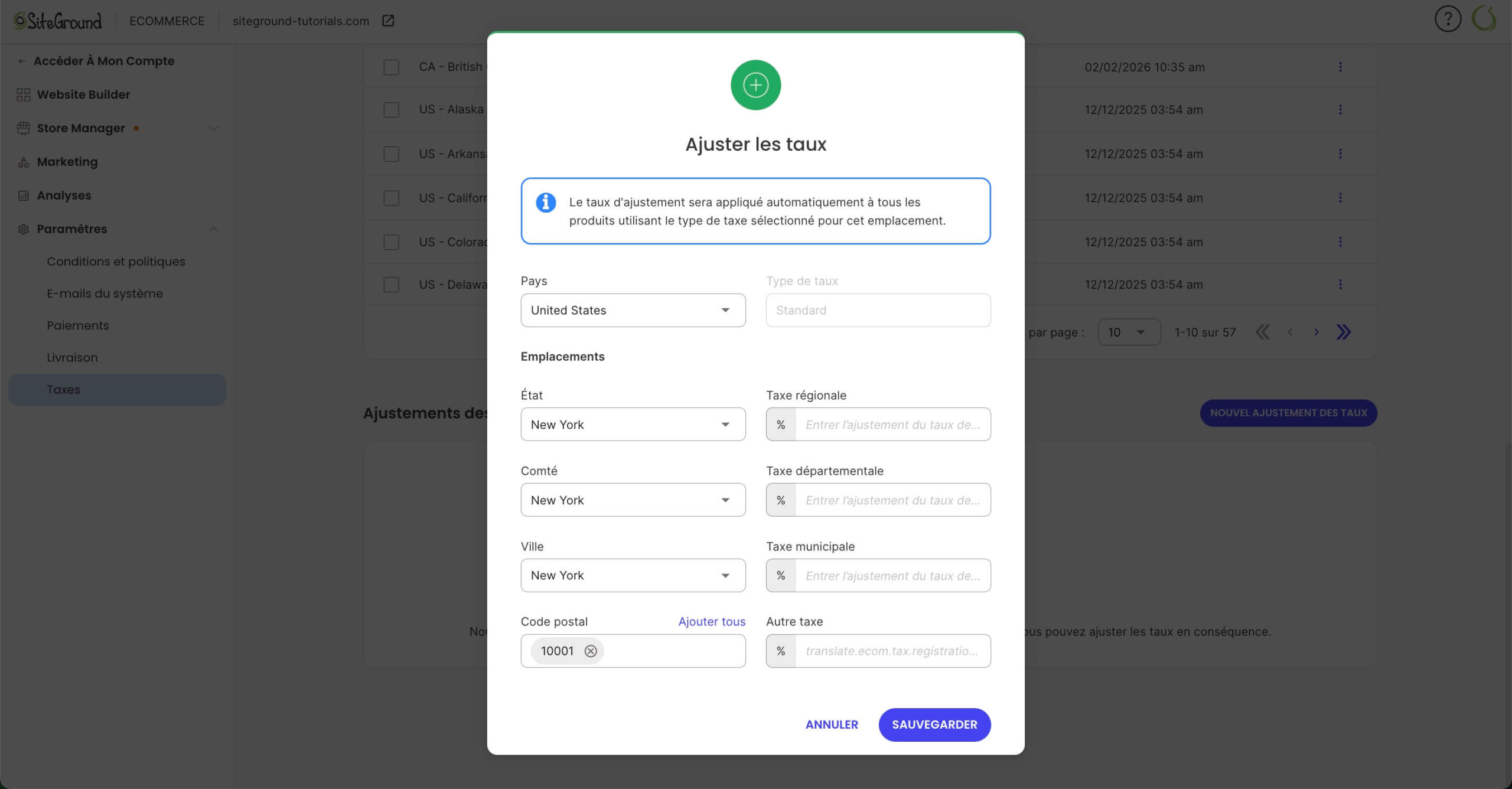 Capture d'écran de la page de configuration d'un ajustement des taux dans SiteGround Ecommerce pour les États-Unis. L'interface inclut des options pour sélectionner des États, des codes postaux et définir un taux d'imposition spécifique.