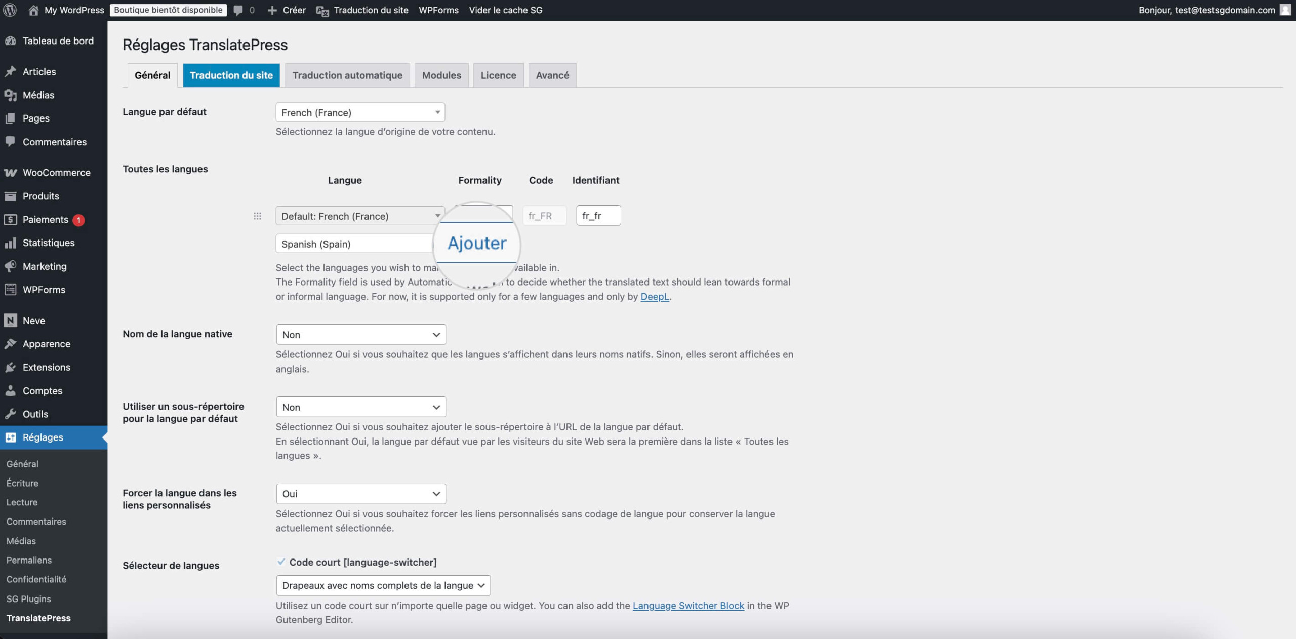 Ajout d'une deuxième langue dans TranslatePress pour activer la fonctionnalité multilingue de WordPress.