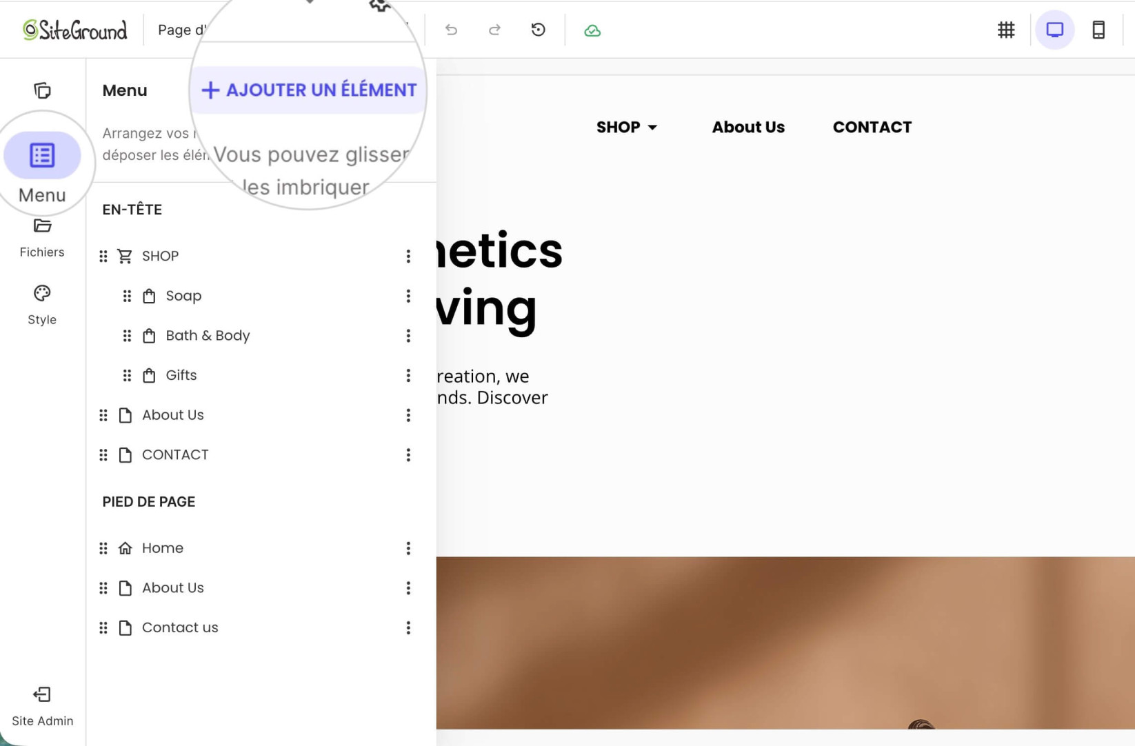 Bouton Ajouter un élément dans l'onglet Menu de Website Builder pour ajouter un lien de pied de page